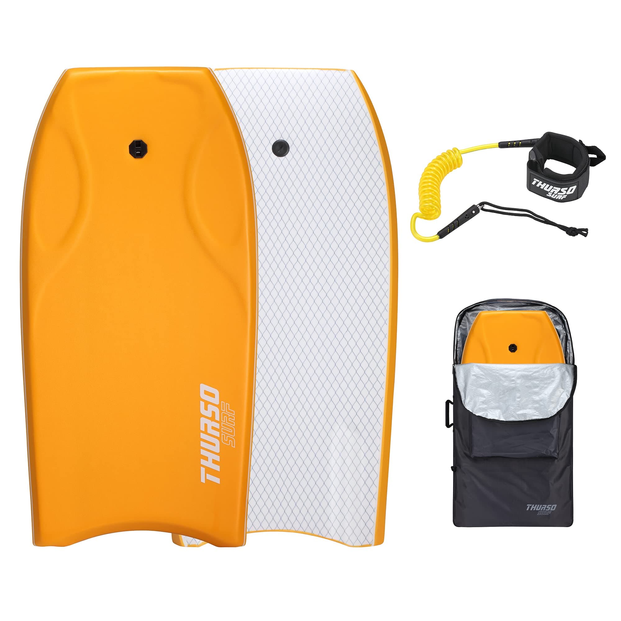 THURSO SURF 42'' Body Boards for Beach Pool Lightweight PE Core IXPE Deck HDPE Bottom FRP Stringers High Performance Body Board with Double Swivel Surf Leash and Bodyboard Bag Lightning