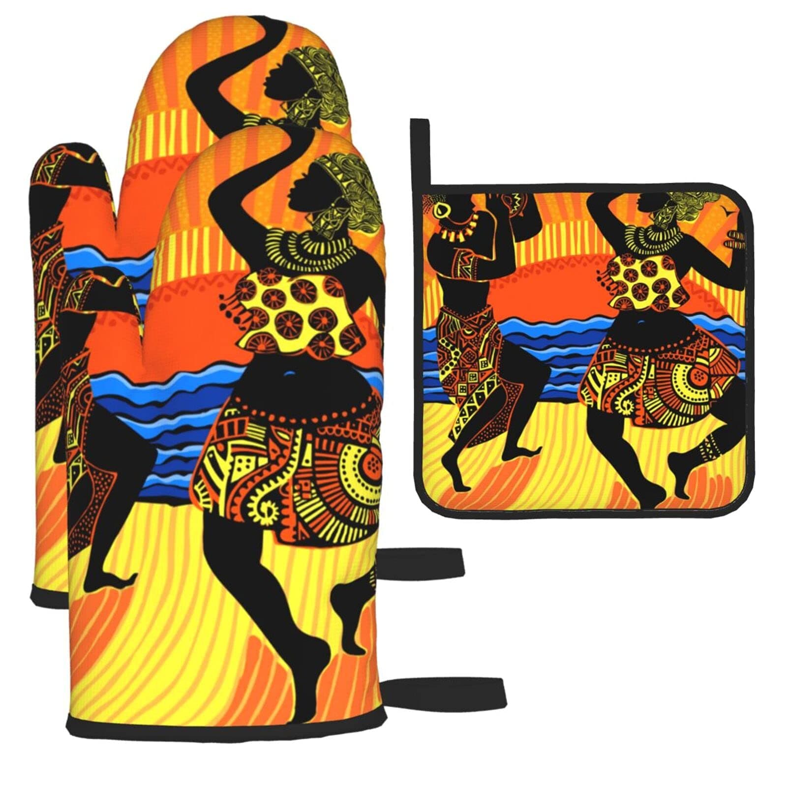 African Women Dancing Oven Mitts and Pot Holders 3pcs Set, Kitchen Oven Glove High Heat Resistant Long Oven Mitts and Potholder for Ovens & Toasters, Microwave, BBQ and Cooking