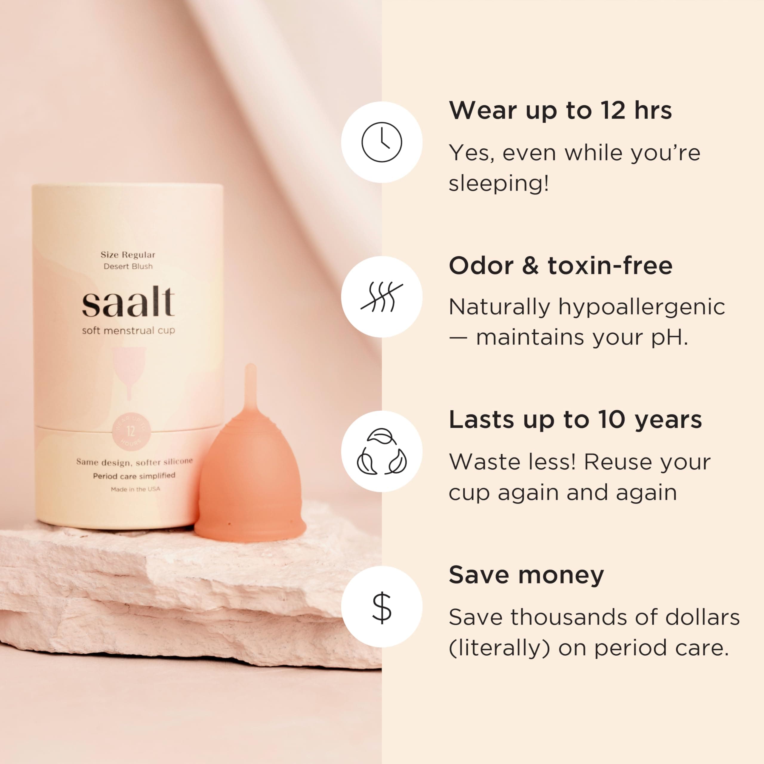 Saalt Soft Menstrual Cup - Best Sensitive Reusable Period Cup - Wear for 12 Hours - Tampon and Pad Alternative (Regular (Pack of 1), Desert Blush)