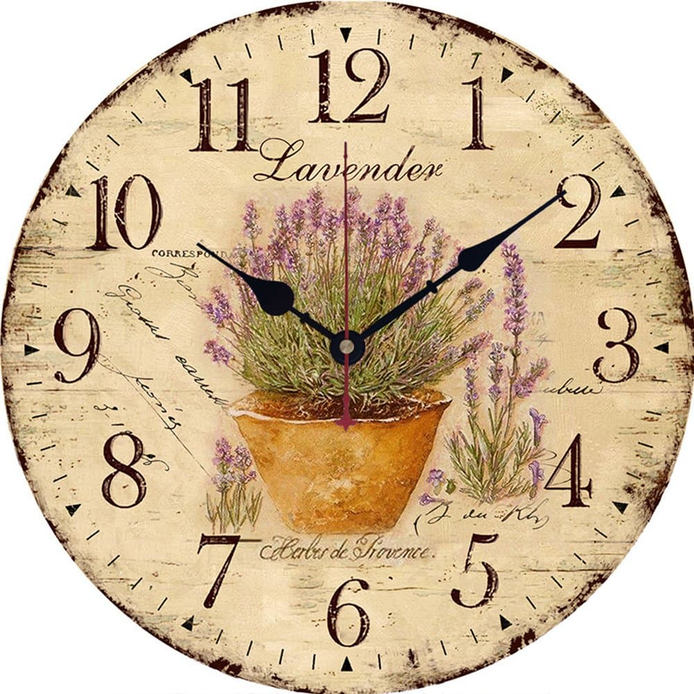 Yesee Wooden Wall Clock Silent Non Ticking Battery Operated Rustic Retro Wall Clock for Bedroom Living Room Home Decor,14 inch [No Cover] (Lavender)
