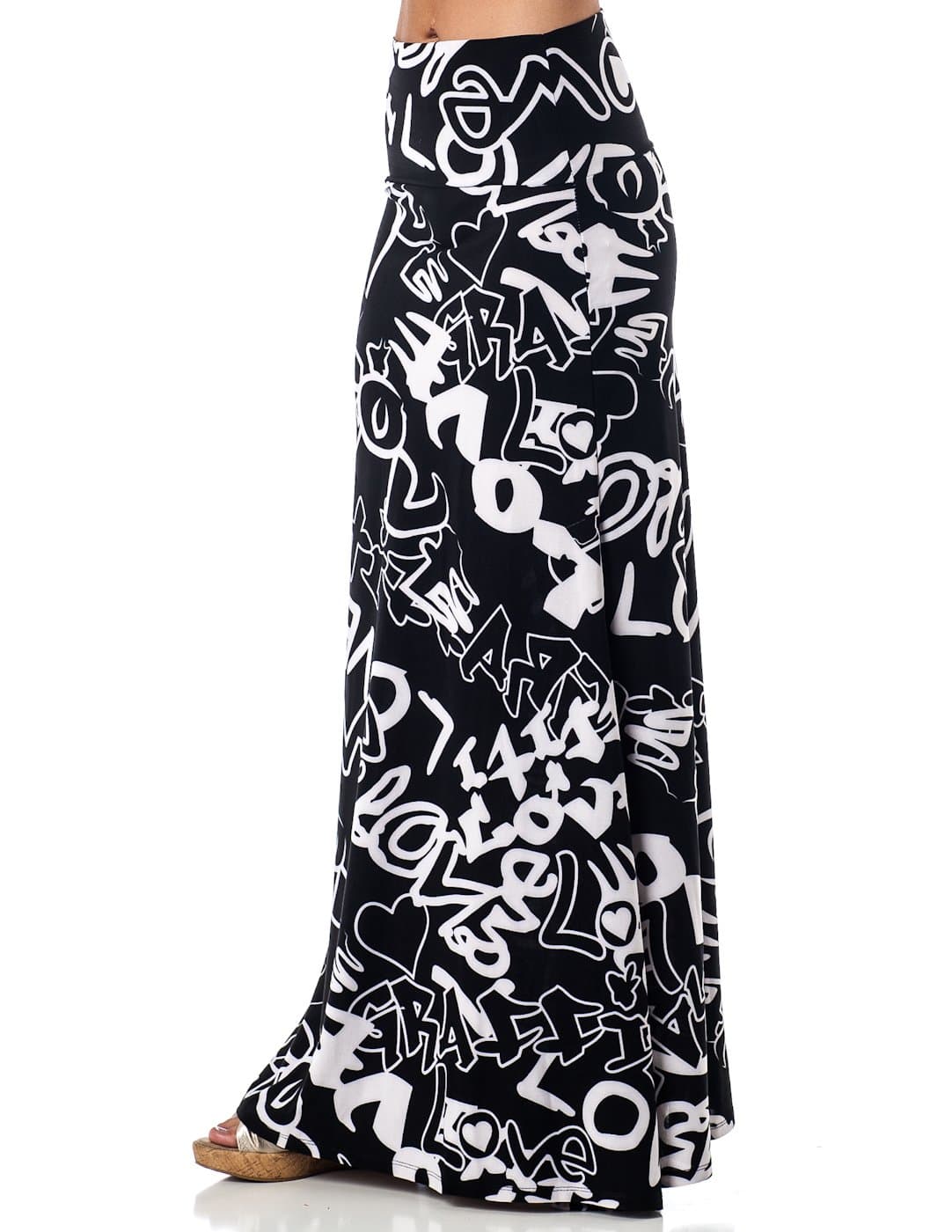 Printed Maxi Length A-line Skirt with Rollover Waist