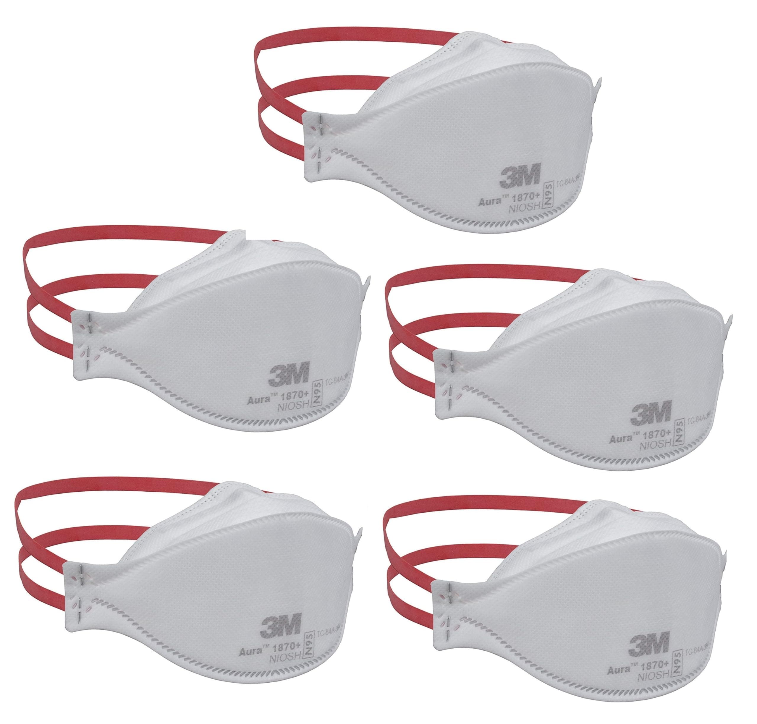 3M N95 Aura 1870+ Nonwoven Fabric Flat Fold Disposable Respirator (White, Pack Of 5)