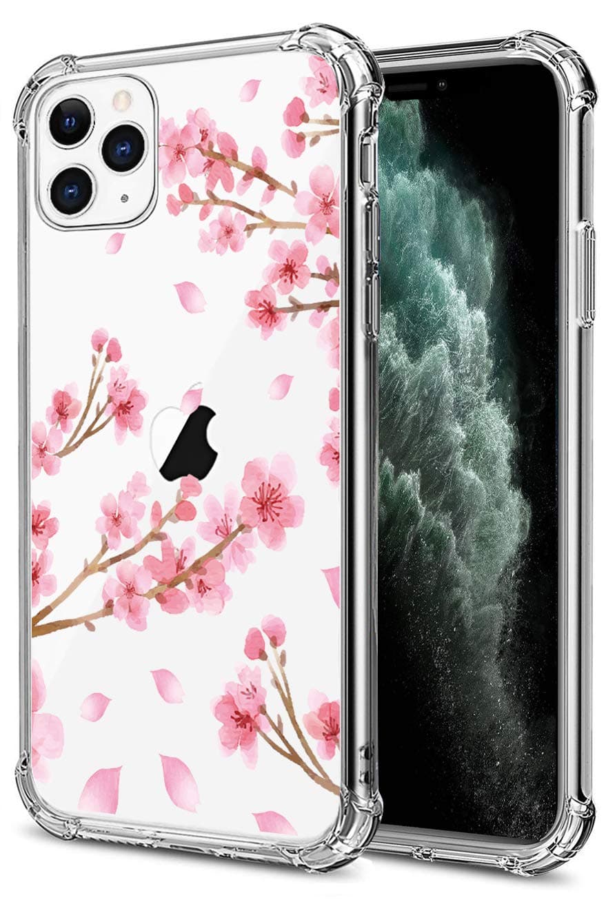 HEYORUNCherry Blossom Case Fit for iPhone 11 Pro Max 6.5 Inches, Cherry Blossoms Girls and Women Floral Back Case Cover, Sakura Transparent Clear Soft TPU Bumper Shockproof Protective Case