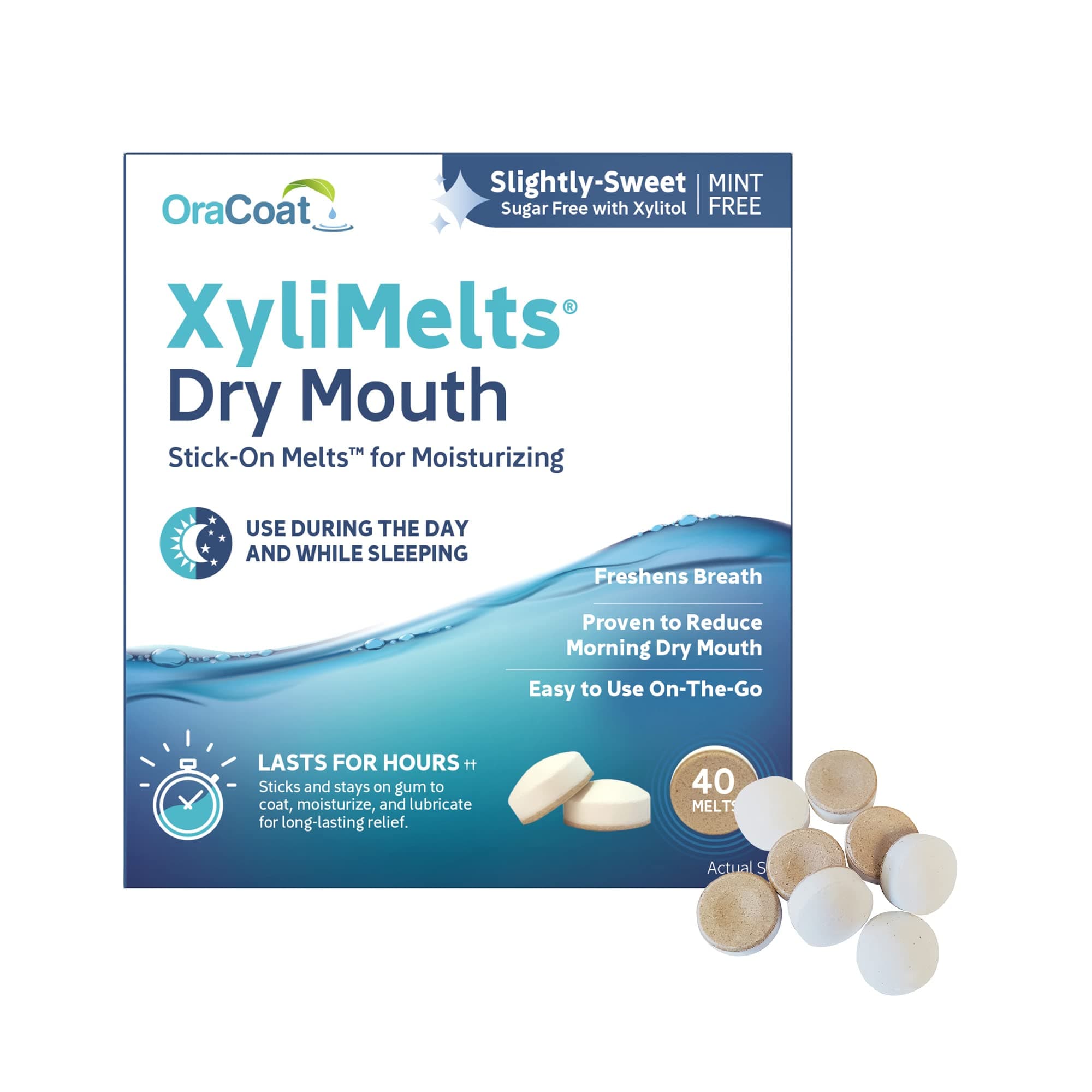- XyliMelts for Dry Mouth Night Time or Day - Moisturizing Dry Mouth Adhering Discs, Sugar Free with Xylitol, 40 Count, Slightly-Sweet Flavor, 8-Hour Relief