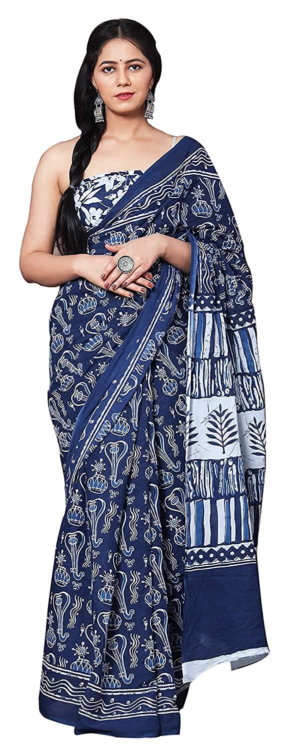 Shivanya HandicraftsWomen's Hand Block Kalamkari Batik Bagru Jaipuri Ikat Printed Handloom Pure Cotton Mulmul Traditional Ethnic Cotton Sarees With Printed Blouse Piece (Guitar)
