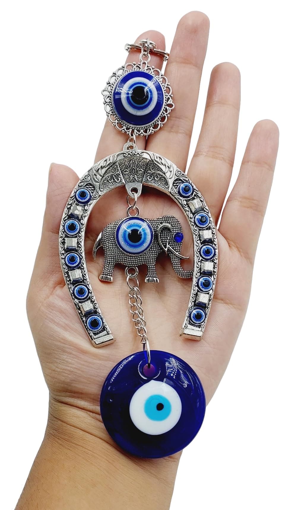 Evil Eye Hanging for Home Entrance, Car Mirror, House Door Decoration, Horseshoe with Elephant Figurine Nazar Battu for Home Protection, Good Luck Charm (Horseshoe with Elephant)