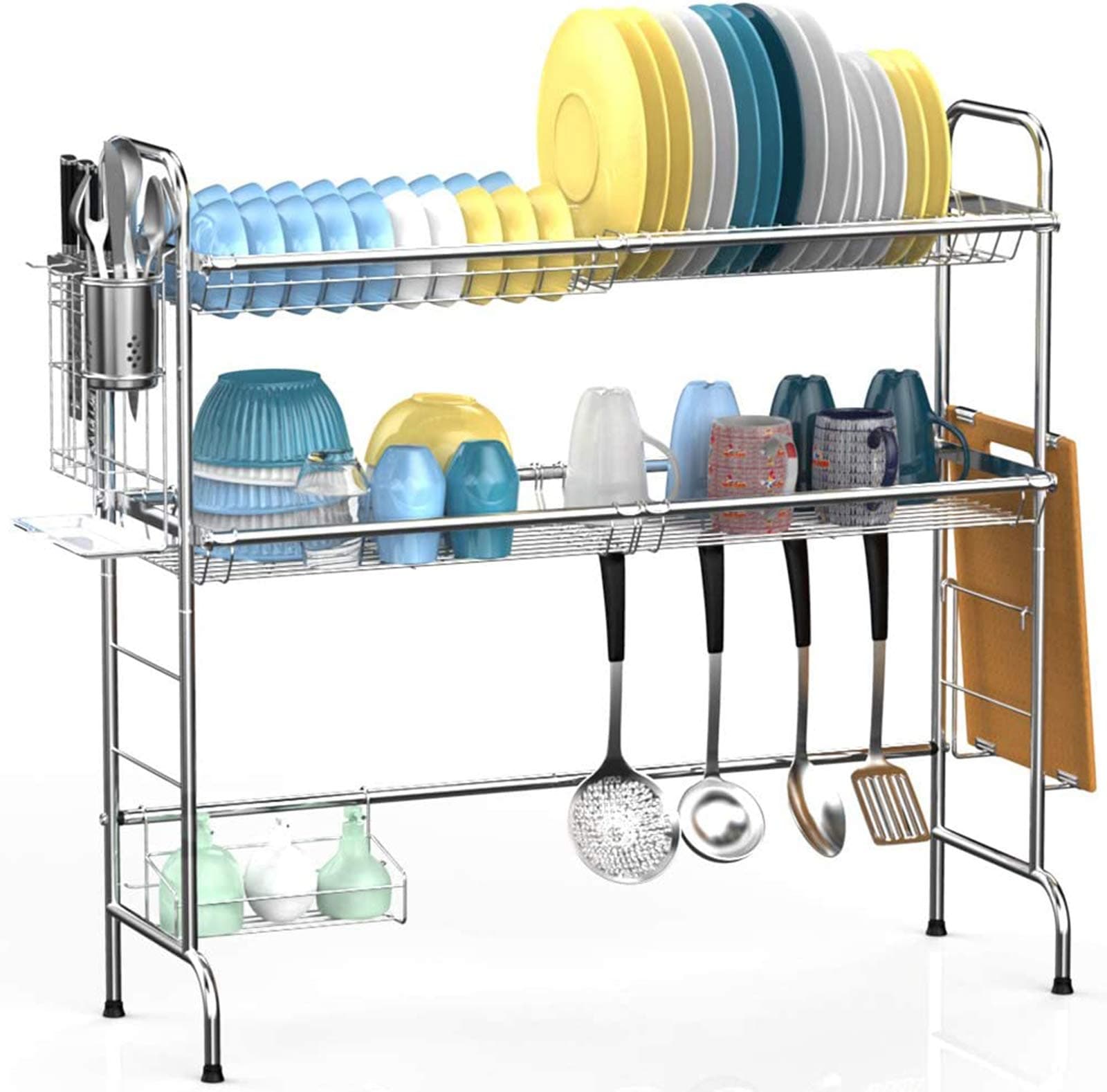 Veckle Over The Sink Dish Drying Rack, 2 Tier Dish Rack Easy Install Dish Drainer Non-Slip Stainless Steel Dish Dryer, Utensil Holder Cutting Board Holder Kitchen Counter Shelf Storage Rack, Silver