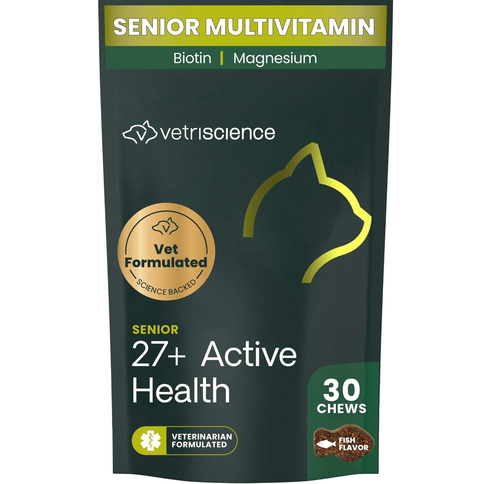VetriScience Senior 27+ Active Health Chews, Nu Cat Daily Multivitamin for Senior Cats, Balanced Vitamins, Minerals and Antioxidants, Healthy Aging and Wellness Support, Fish, 30 Count