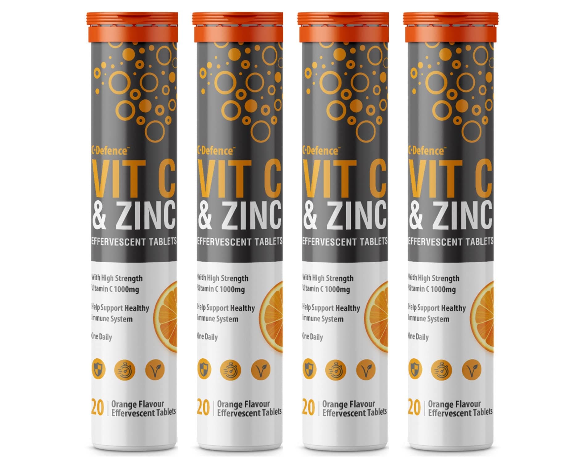 Vitamin C 1000mg & Zinc 15mg Orange Flavour Effervescent Tablets by Club Vits (4 Tubes of 20 Tablets)