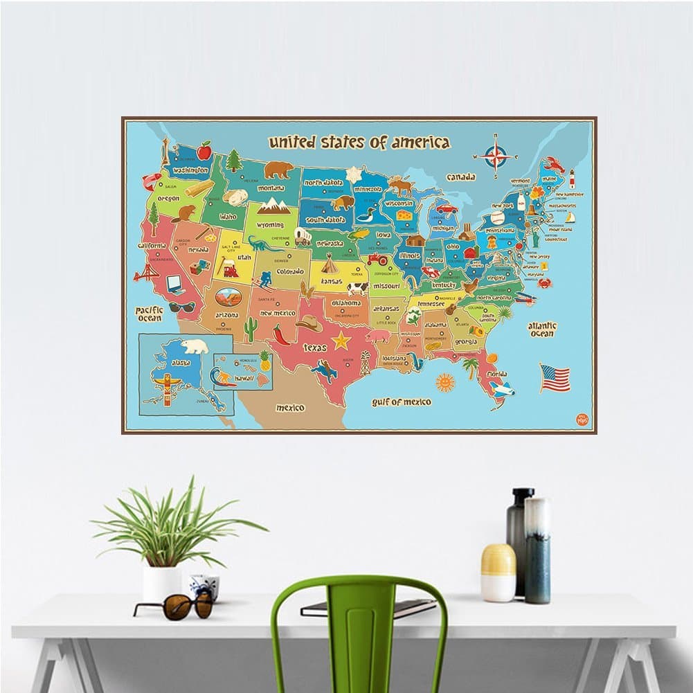 Kayau Vinyl Wall Decal Colorful United States Map Removable Art DIY Wall Sticker for Home Living Room TV Sofa Background Decoration 50x70 cm