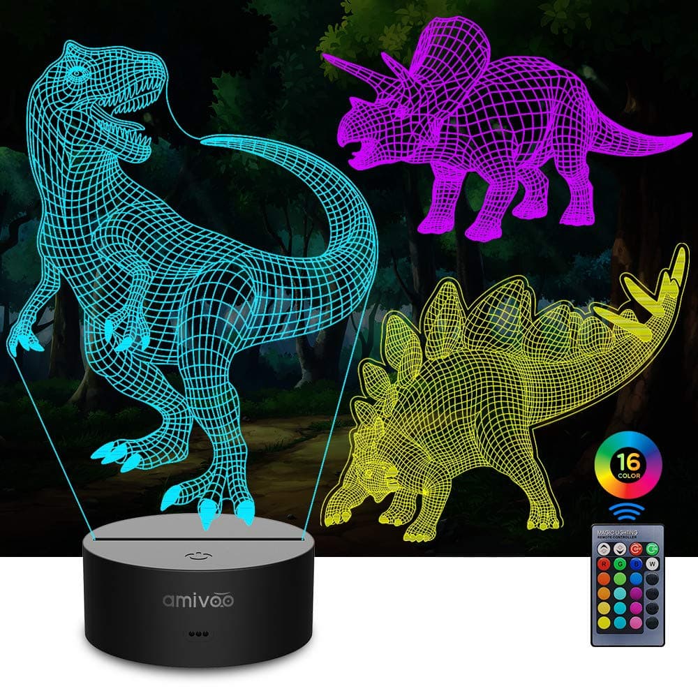 amivoo 3 in 1 Dinosaur 3D Night Lights for Kids 16 Colors Changing Dimmable Bedside Lamp with Remote Control, Dinosaurs Toy Cool Gifts for Kids Boys Girls (T-rex+Triceratops+Stegosaurus)
