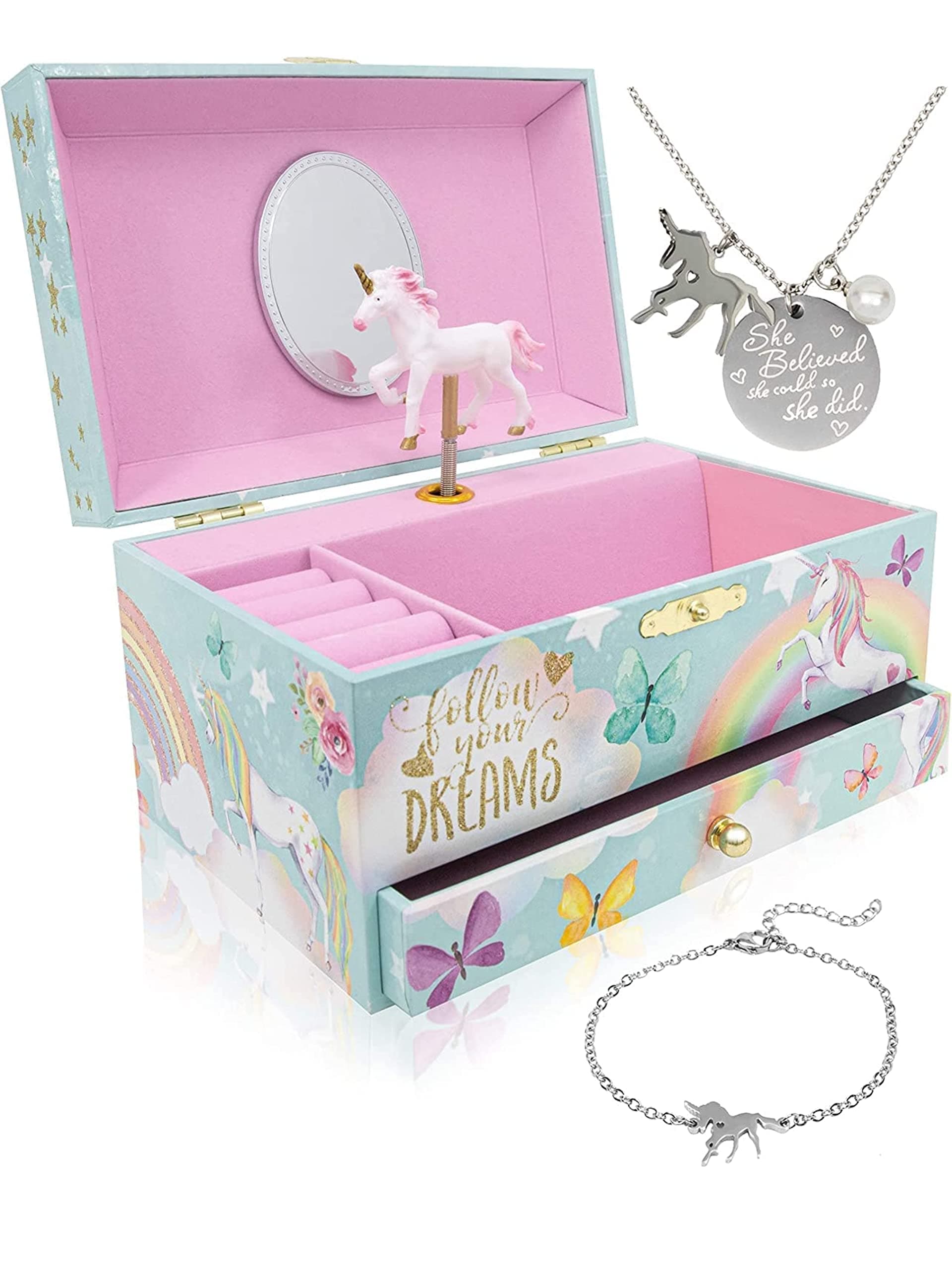 The Memory Building Co Unicorn Musical Jewelry Box Plays Classic Melody, Storage Organizer Music Box for Kids Ages 6-12, MDF Wood w/ 2 Fabric Lined Ring Bracelet Necklace Treasure Compartments