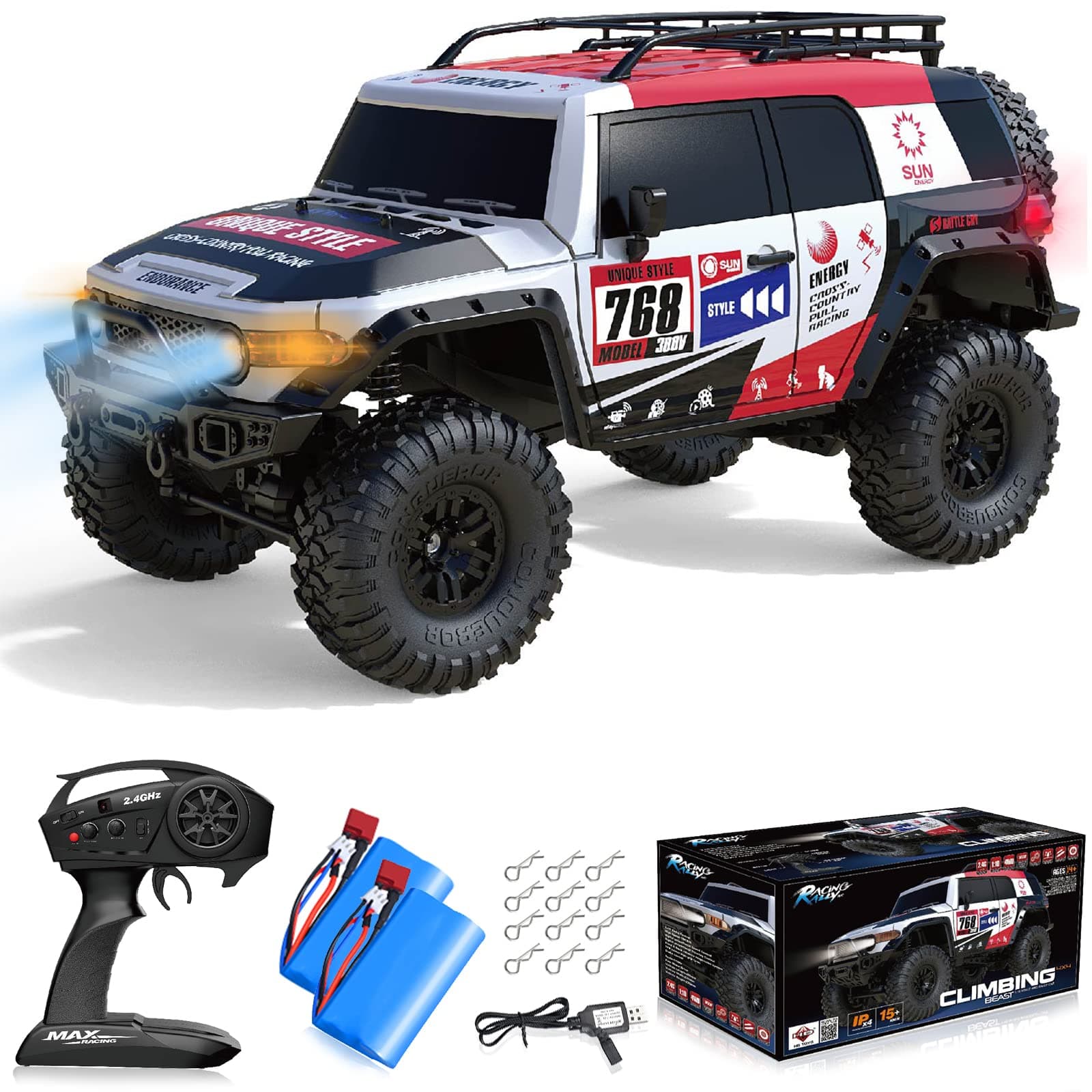 RC Cars RC Crwaler, 1/10 2.4G 4WD RTR Remote Control Car Rock Crawler RC Truck Full Proportional Red Rock Crawler Pickup Off-Road Truck Vehicles Toys with LED Lights 2 Batteries