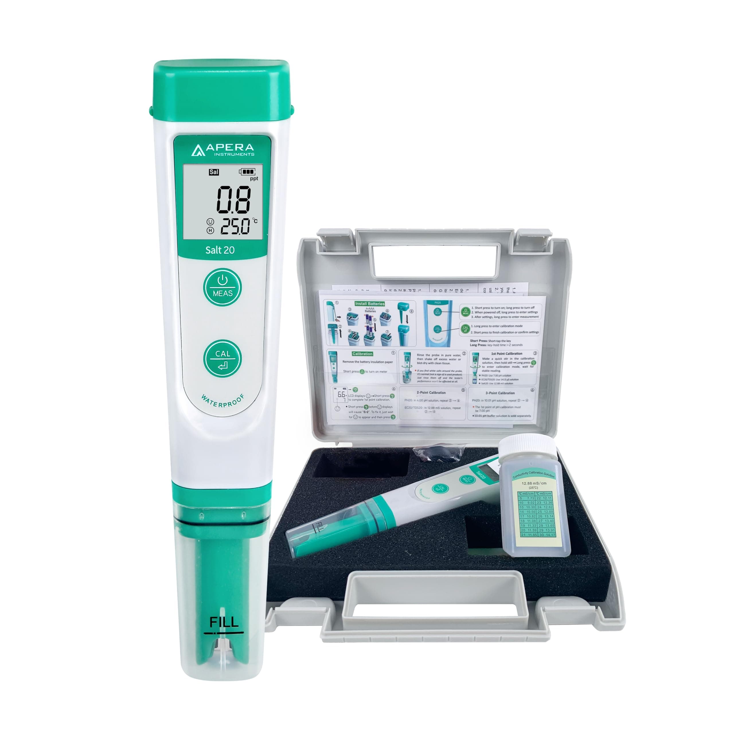 Salt20 Value Salinity Meter, Pocket Tester, Waterproof, ±1% Accuracy, ±0.5˚C Temperature Sensor, Complete Kit