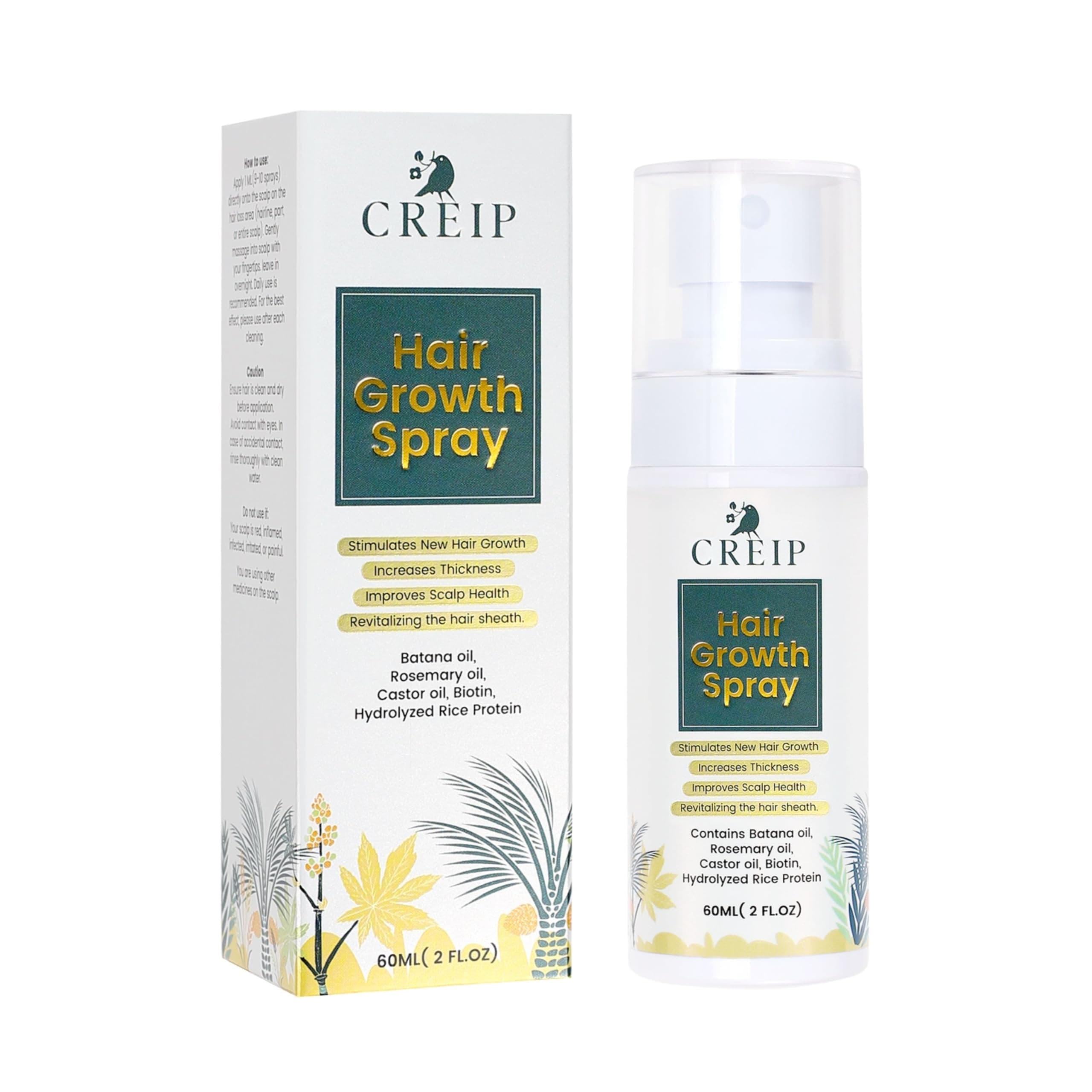 Creip Hair Oil Spray for Hair Growth with Rosemary Oil for Hair: Natural Hair Oil with Rosemary Oil Castor Oil Organic Batana Oil Rice Water Biotin as Hair Treatment for Women and Men, 60 ml