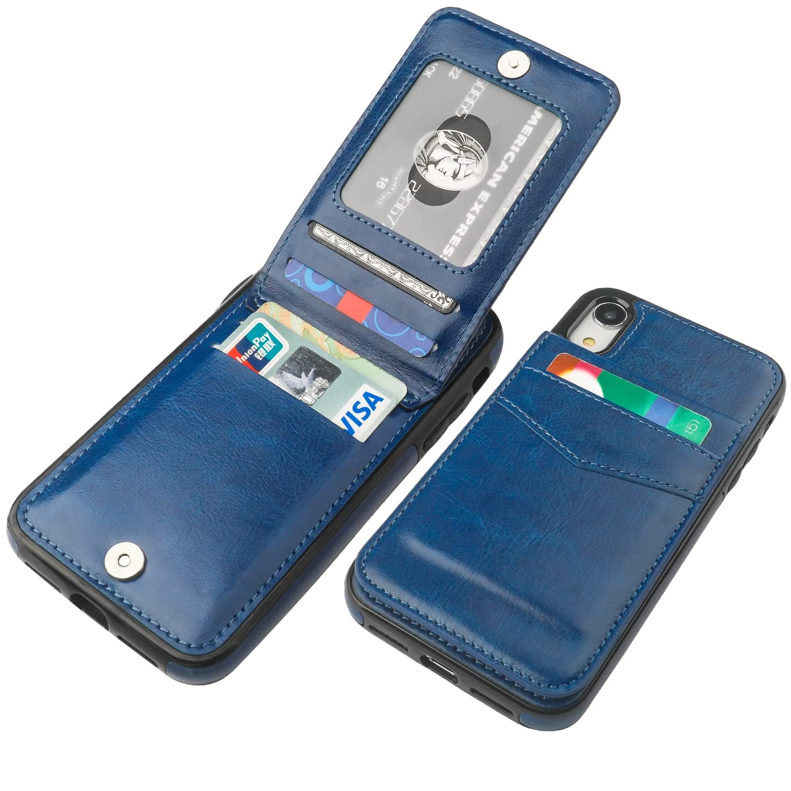 KIHUWEY iPhone XR Case Wallet with Credit Card Holder, Premium Leather Magnetic Clasp Kickstand Heavy Duty Protective Cover for iPhone XR 6.1 Inch(Blue)