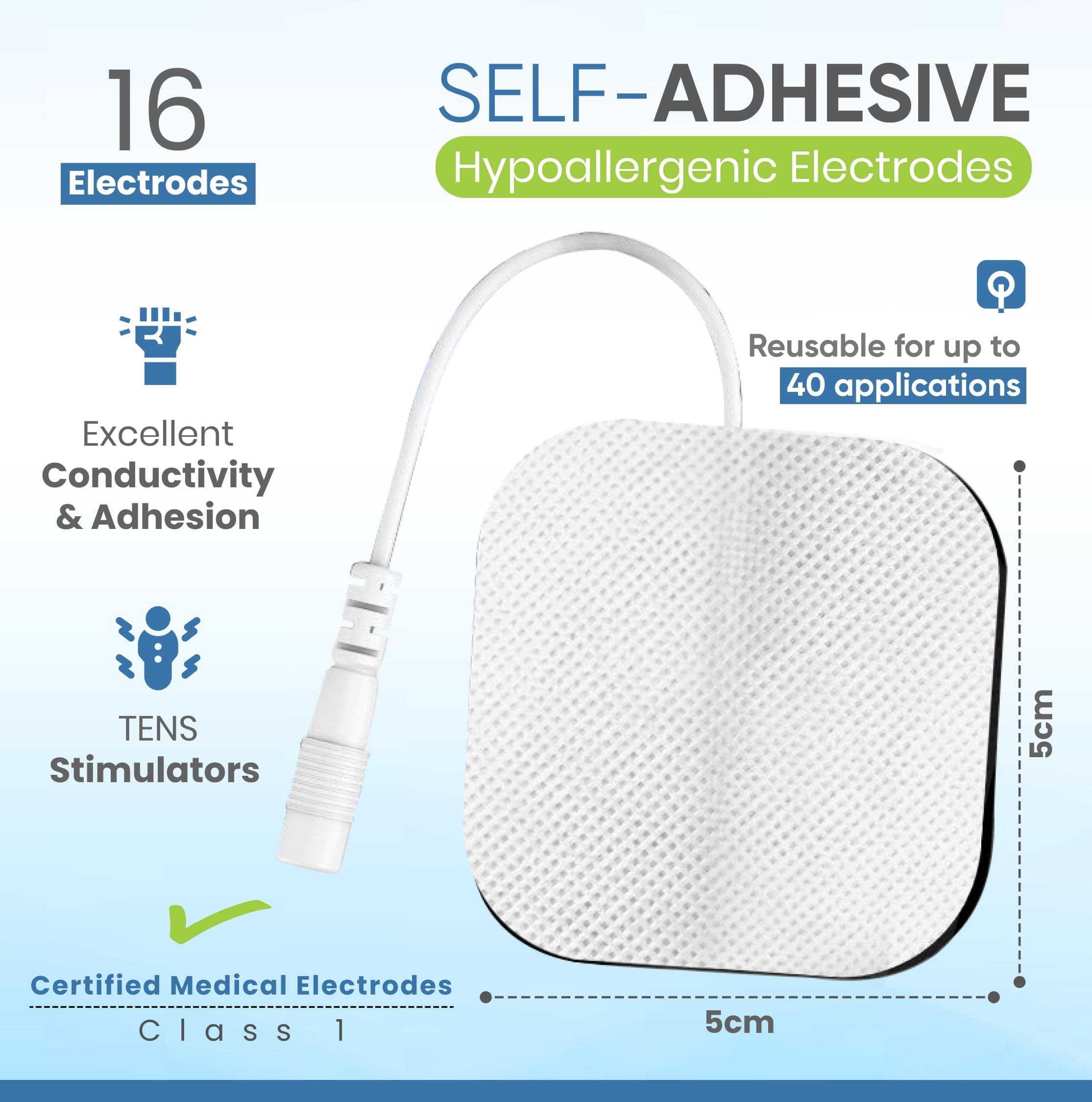 Med-Fit 1® Tens Pads: 16 Pads (4 Packs) of Premium, Long-Lasting Self-Adhesive Tens Pads/Tens Electrodes (5cm x 5cm) with Patented Hydro-Gel Technology