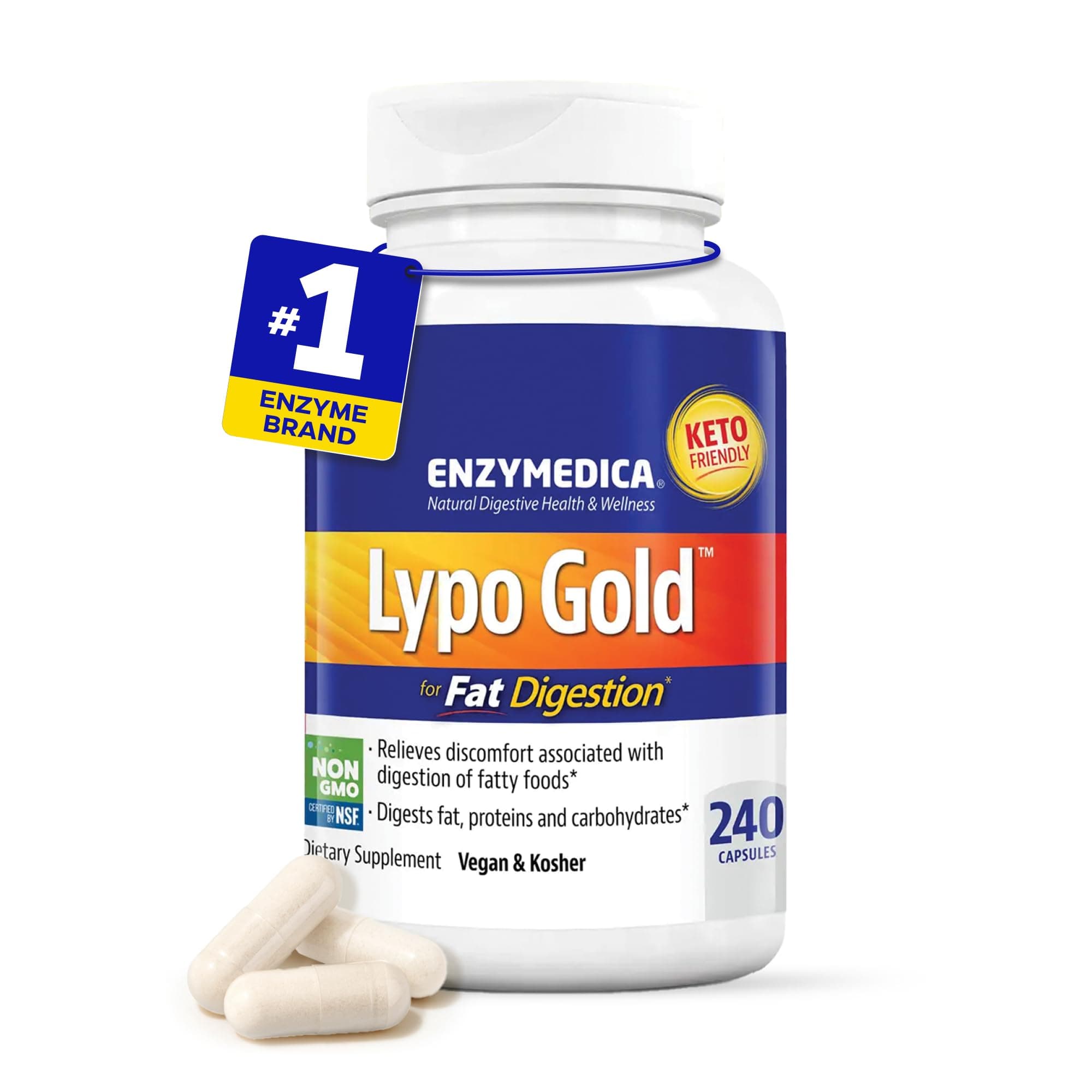 Enzymedica Lypo Gold, High Potency Lipase Digestive Enzymes for Fat Digestion, Supports Occasional Bloating Relief & Digestive Health, Keto-Friendly, Vegan, 240 Capsules