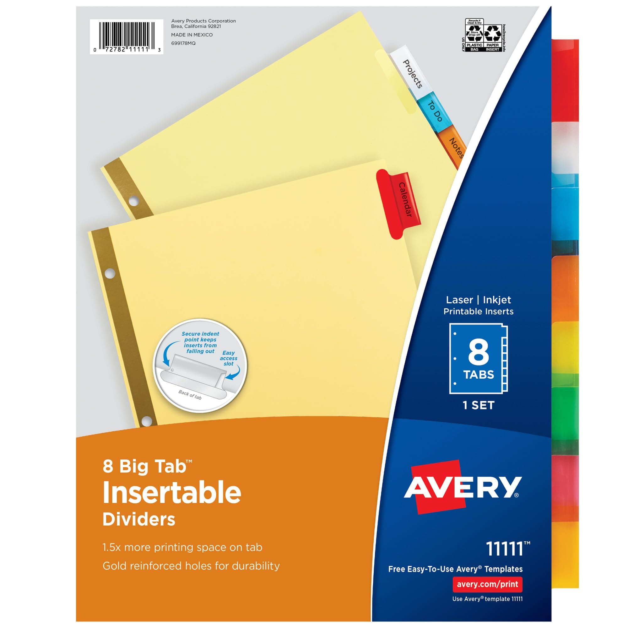 Avery 8-Tab Binder Dividers, Insertable Multicolor Big Tabs, 1 Set (11111)