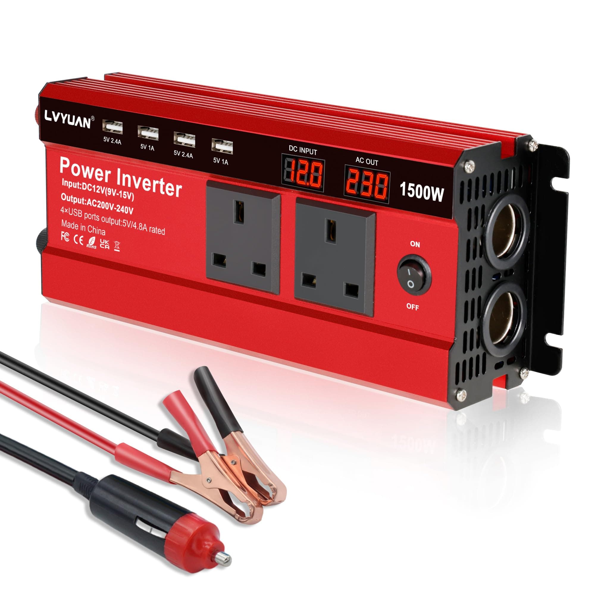 1500W Power Inverter 12V to 240V AC Car Converter with 3.1A 4 USB 2 AC Sockets Dual Car Adapter With 2 LED Display