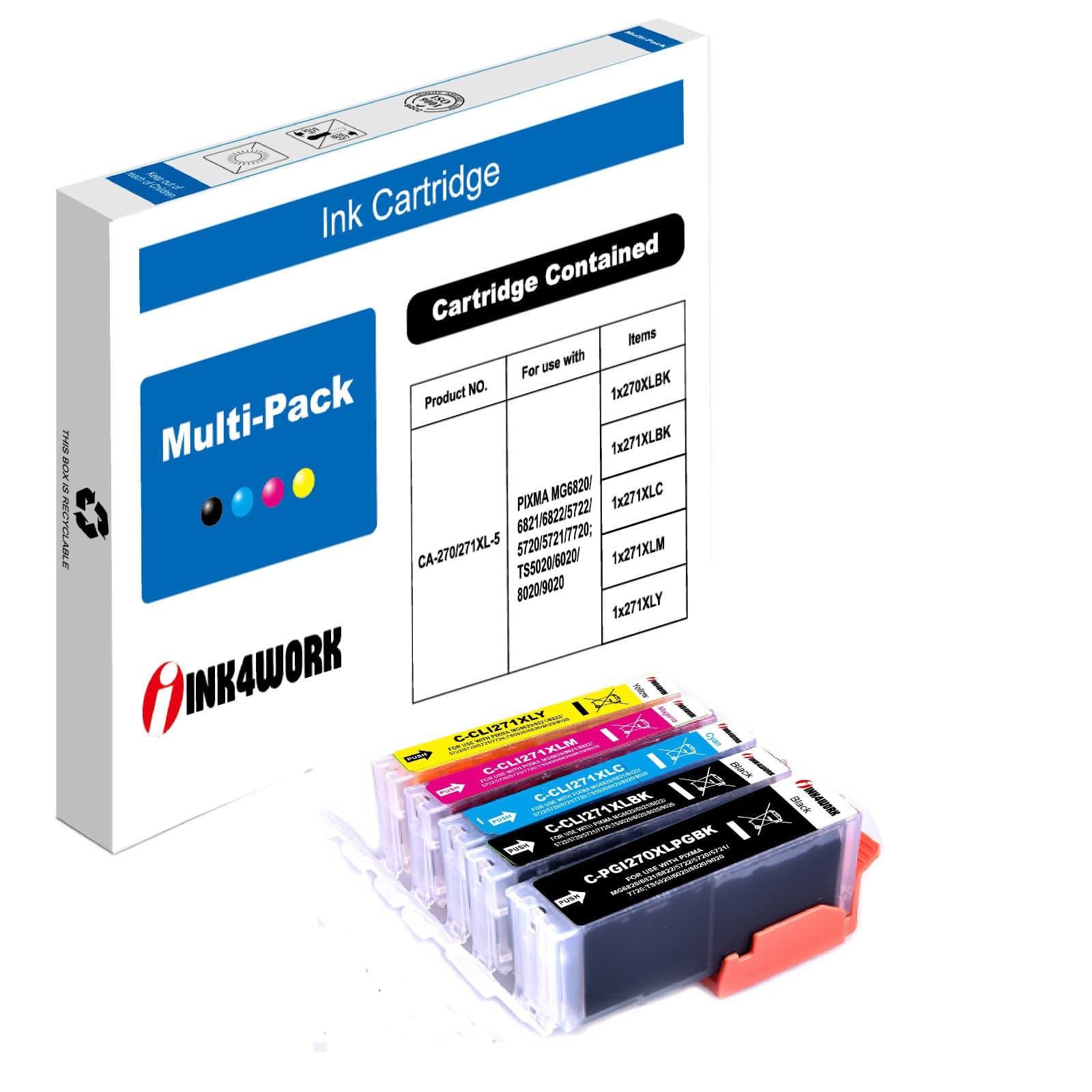 INK4WORK5 Pack Compatible Ink Cartridge Replacement for Canon PGI-270XL CLI-271XL PGI 270 CLI271 XL for Canon PIXMA TS5020 T6020 MG6820 MG6821 MG7720 MG5722 MG5720