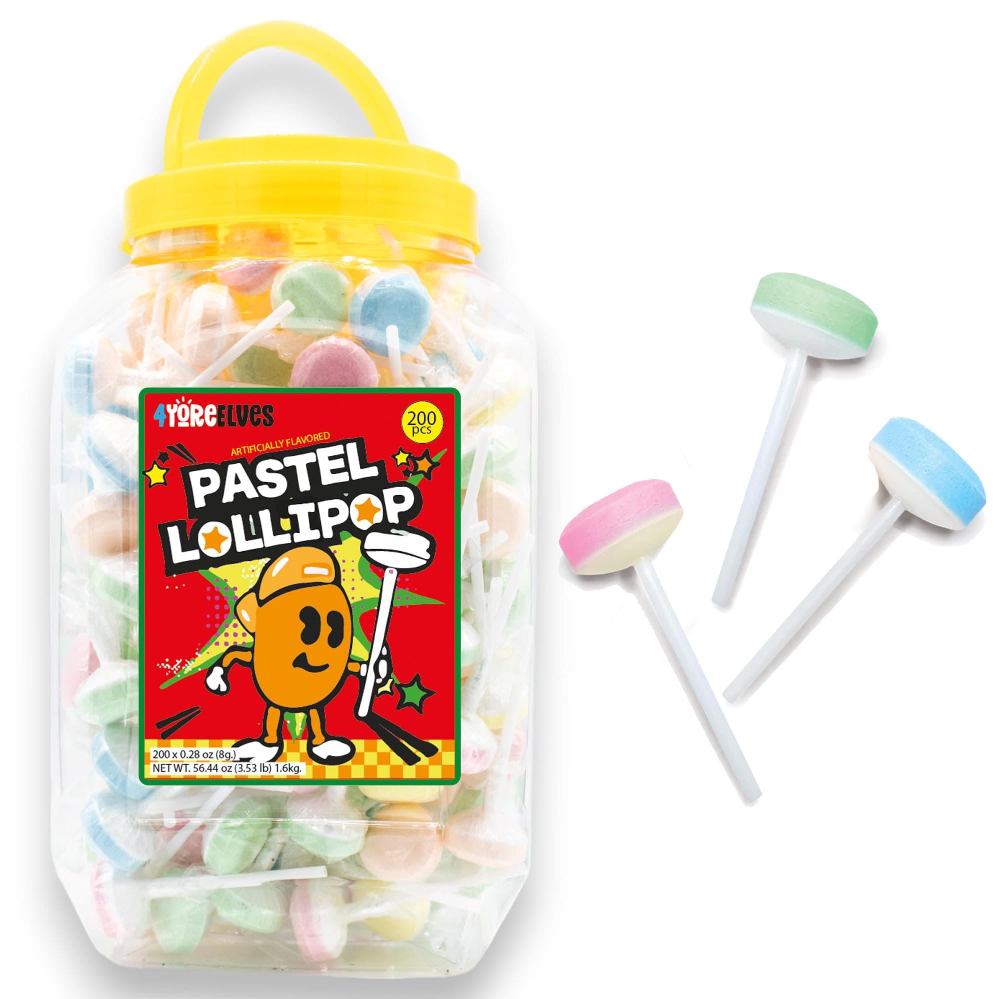 Double Lollies, 3.5 lb of Bulk Fruit-Flavored Lollipops Individually Wrapped, Perfect for Retro Parties, Goody Bags and Sharing, Vintage Pastel Candy Bulk Tub of 200 Lollies, By 4YoreElves