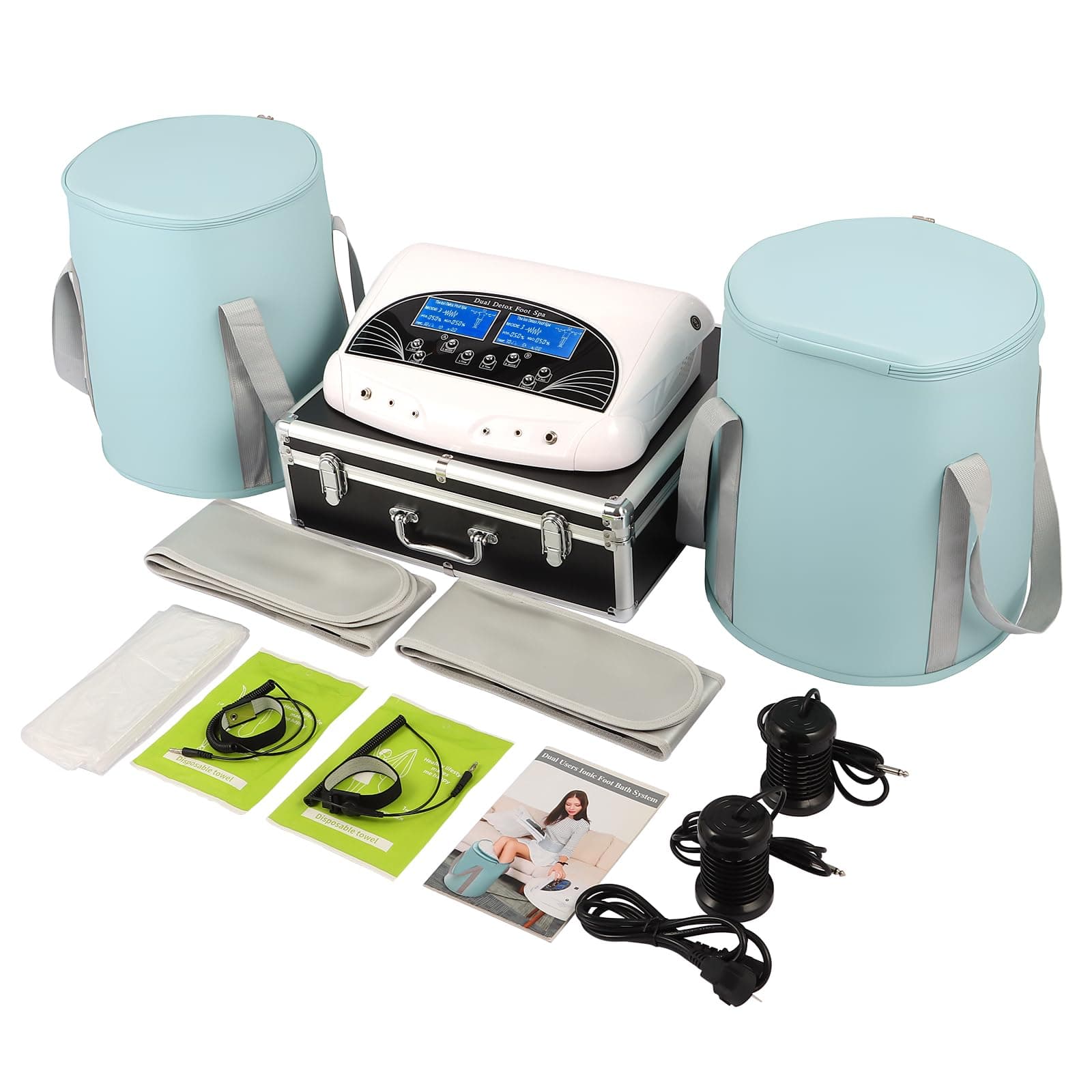 Dual Ionic Foot Bath Detox Machine, Ion Detox Feet Soak Spa Cleanse System for 2 Users with Black Aluminum Box,Two Foot Soaking Bath Bucket,Birthday Gift