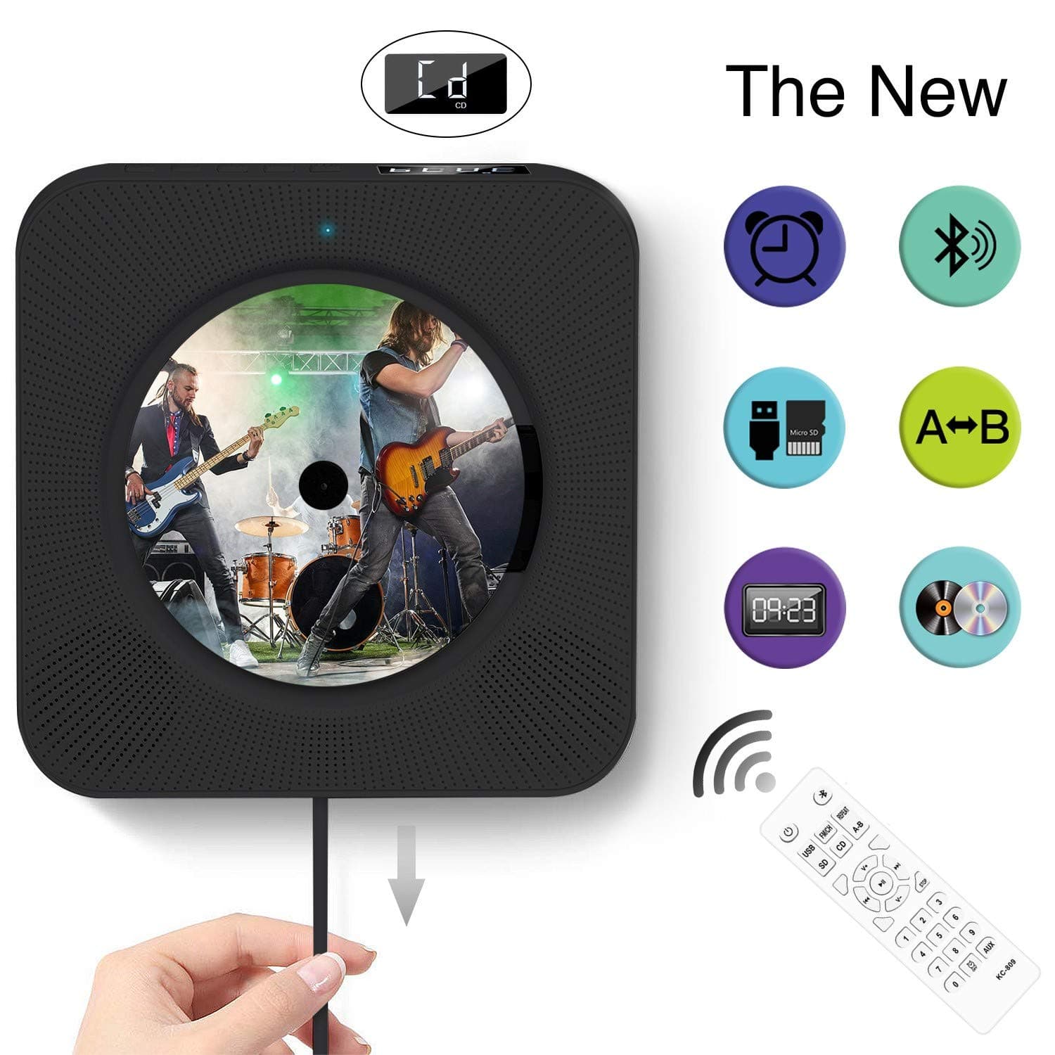 Portable Bluetooth CD Player, Wall Mountable Portable CD Player with Screen, Home Audio with Remote Control Built-in HiFi Speaker, USB Drive Player, MP3 3.5mm Headphone Jack & Aux Input/Output (black)