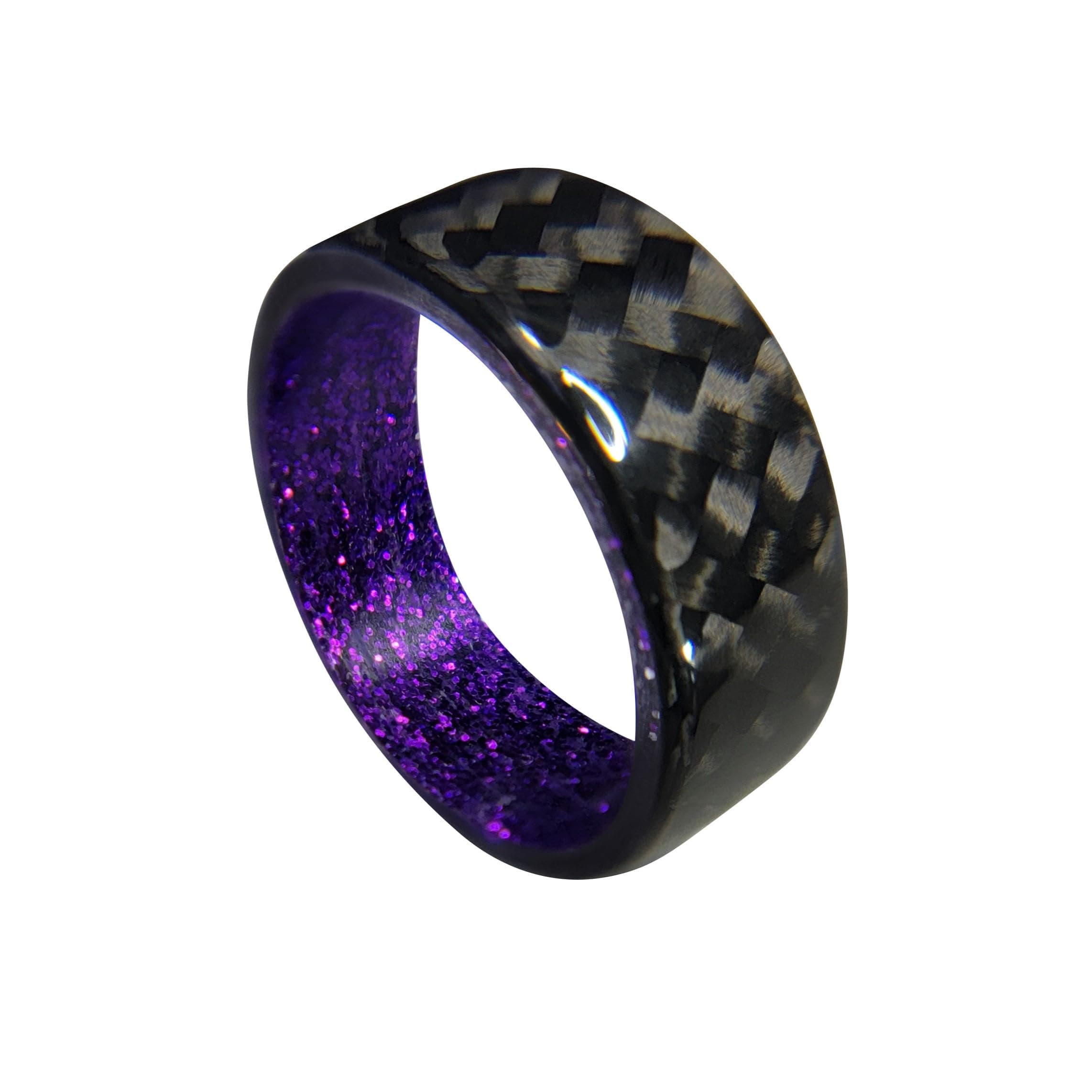 Carbon Fiber Twill Ring with Purple Sparkle Interior, High Gloss Finish, Durable, Waterproof, Sizes 4-16, Custom Band Widths