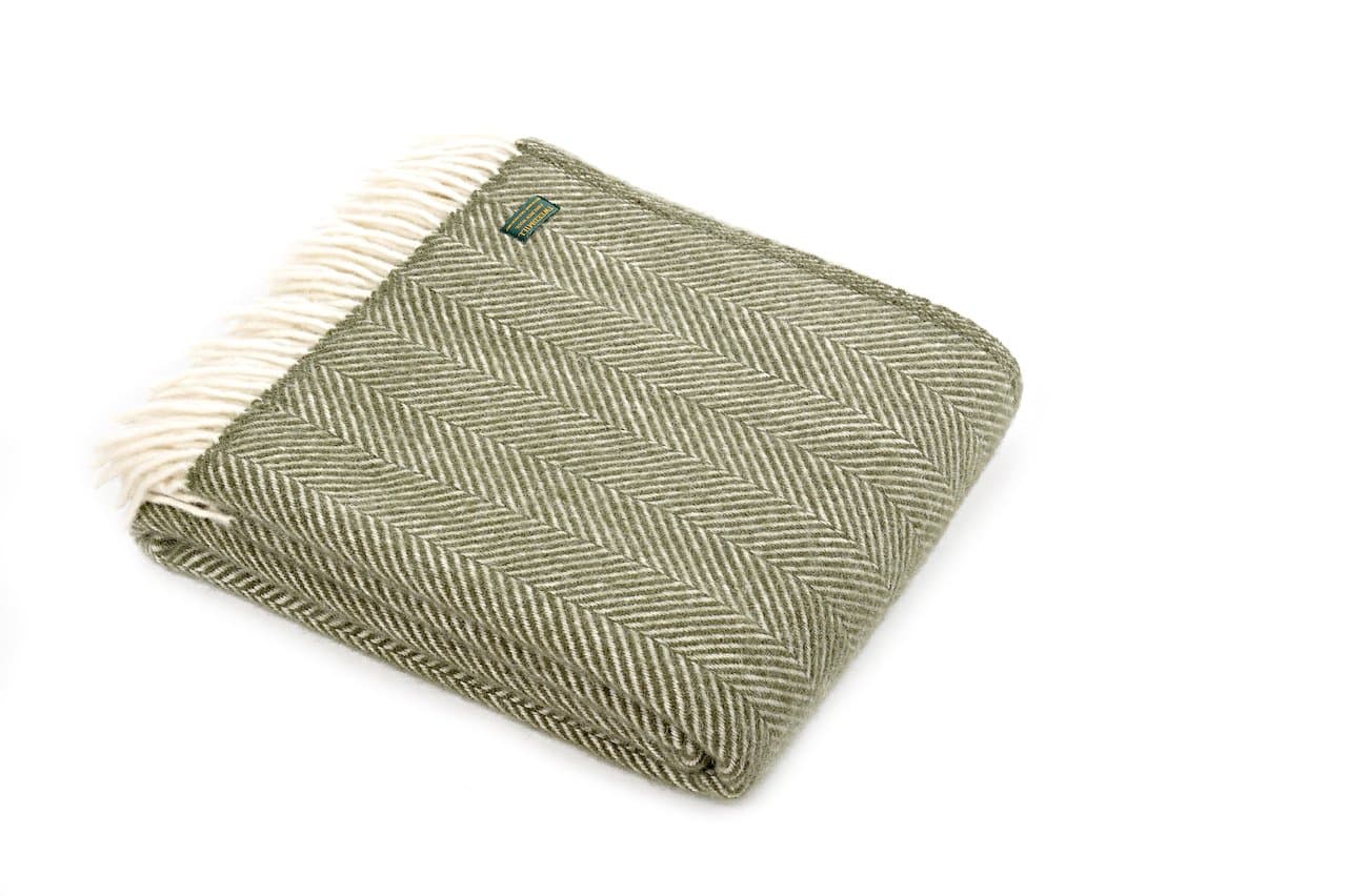 100% PURE NEW WOOL SOFA THROW BLANKET RUG - FISHBONE OLIVE