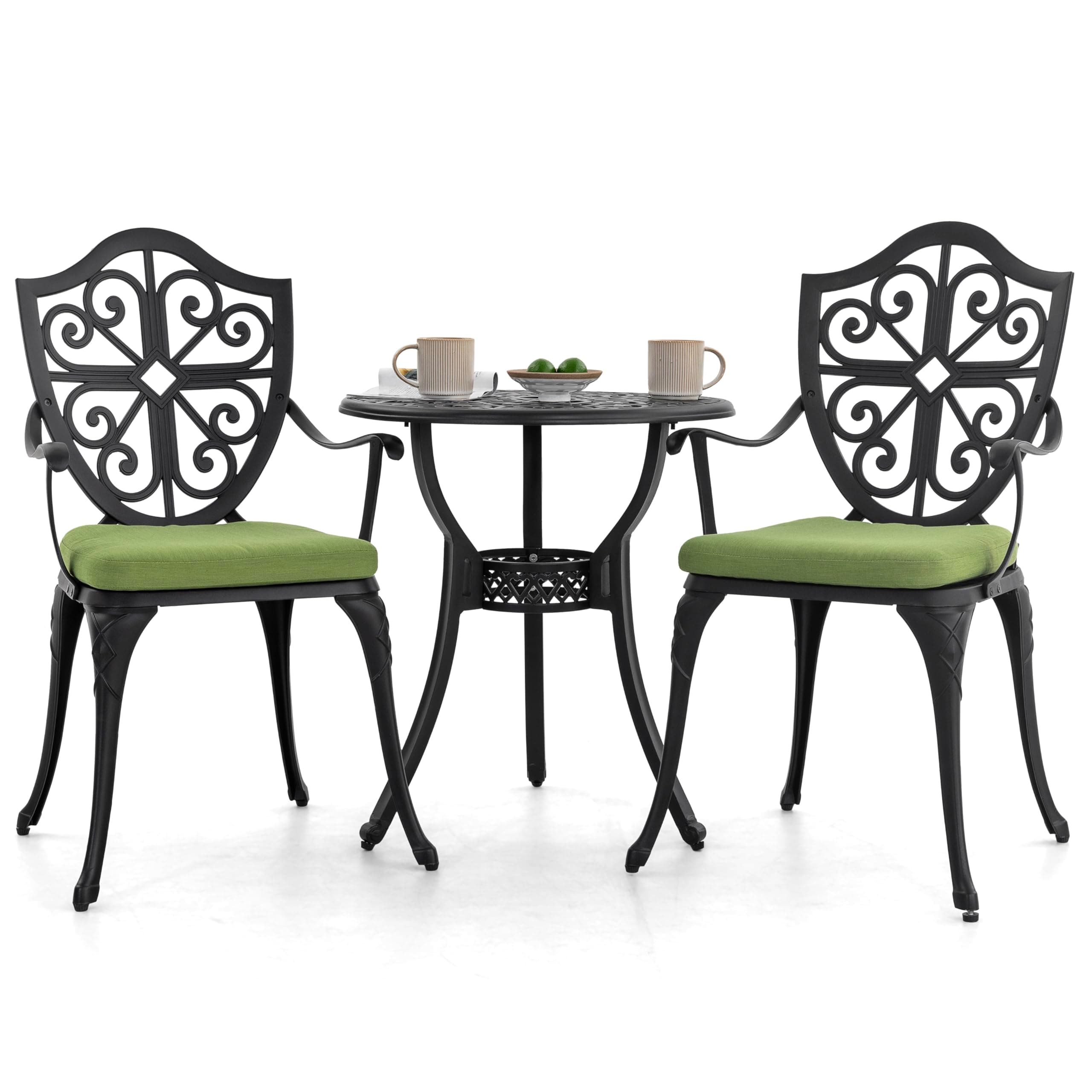 NUU GARDEN Outdoor 3-Piece Bistro Set with Cushions, Round 24 Inch Cast Aluminum Bistro Table with 2.17" Umbrella Hole, 2 Cast Aluminum Bistro Chairs, for Patio, Garden, Backyard and Balcony, Black