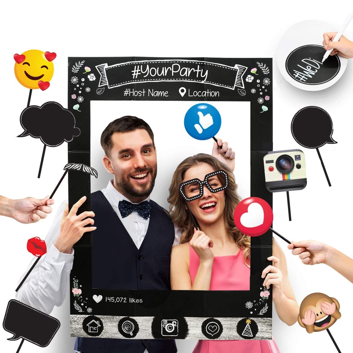 Glittery Garden Insta-Themed Social Media Party Photo Booth Selfie Frame with Emoji & Speech Bubble Props. Great as Vintage Background Photography for Birthday, Anniversary, Wedding Event Decoration