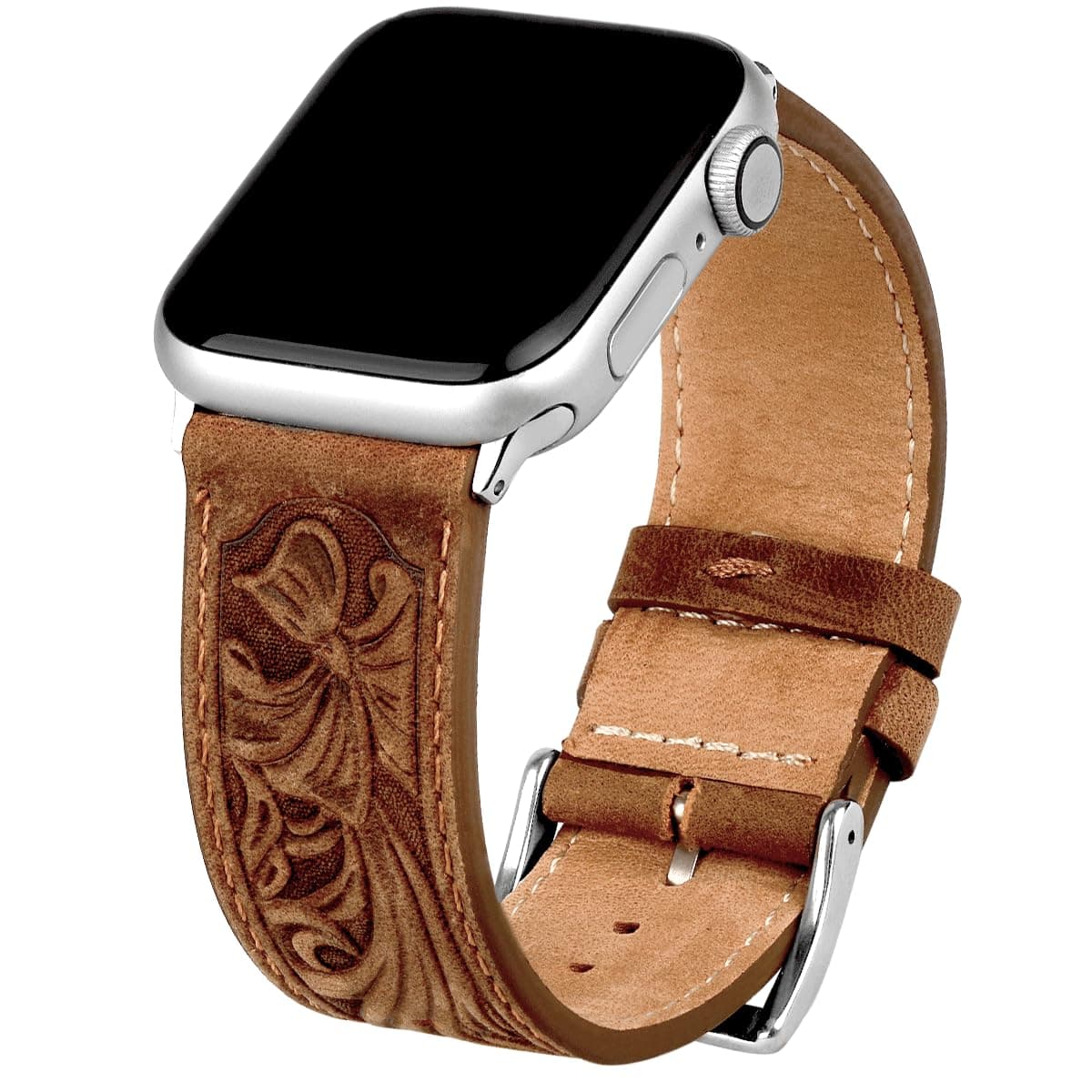 for Apple Watch Band 45mm 44mm 42mm 41mm 40mm 38mm, Carved Handmade Bump Retro Genuine Leather Flower Replacement Strap for Men Women Brown Bracelet for Iwatch Series 7 6 5 SE 4 3 2 1
