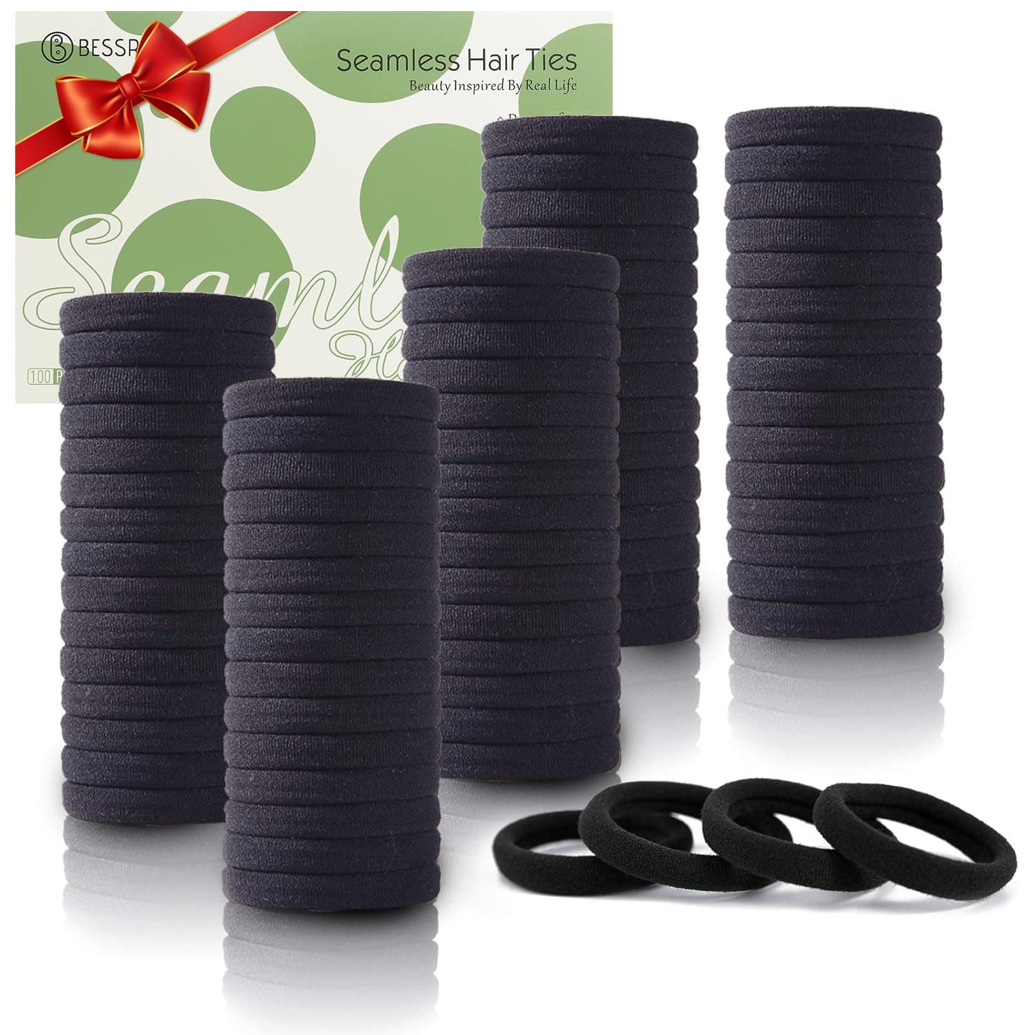 Bessrung Kkwx 100Pcs Black Hair Ties, Seamless Cotton Thick Black Hair Band, Elastic Hair Ties No Damage Ponytail Holder