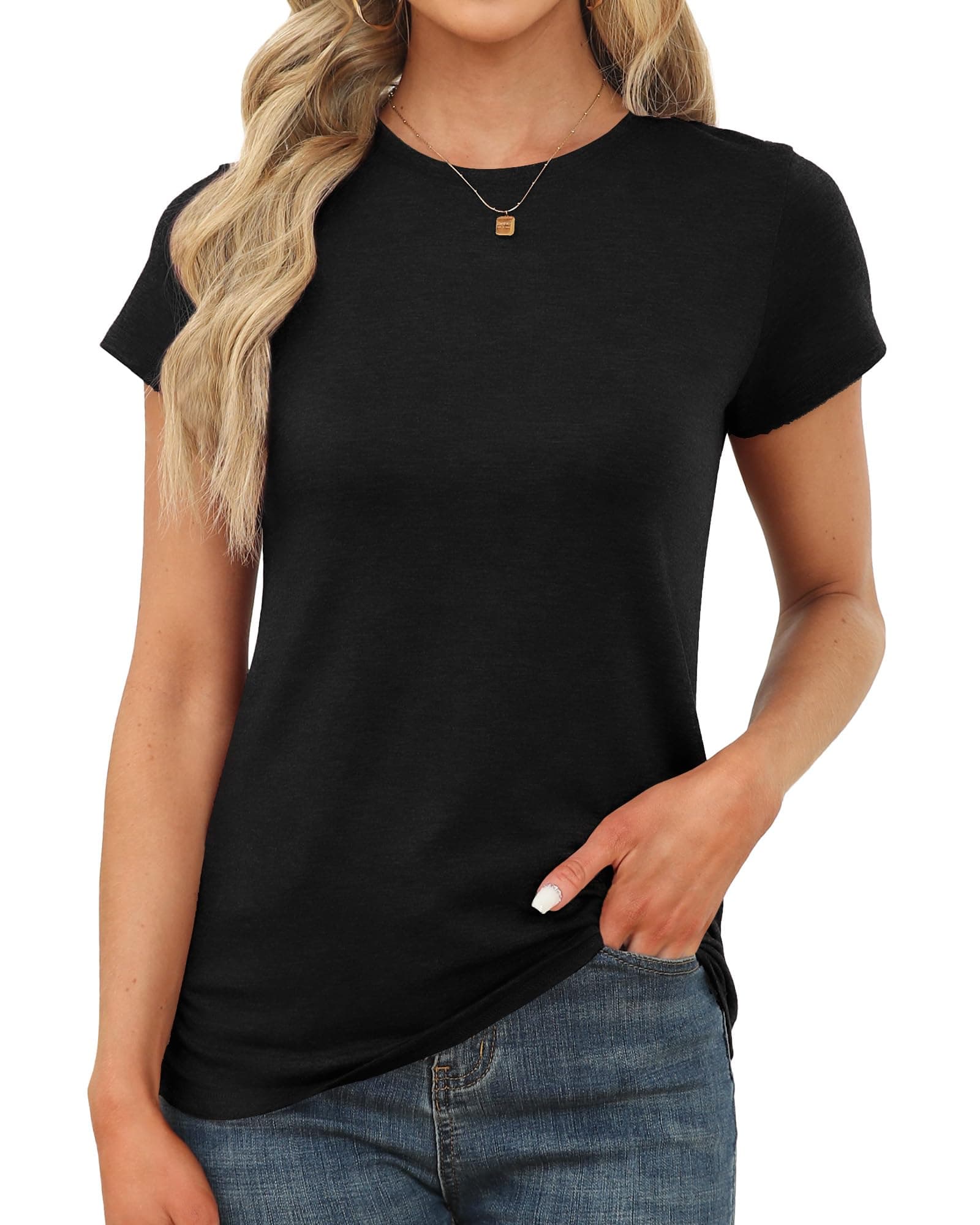 Womens Short Sleeve Tops Summer T Shirts Round Neck Causal Fashion Basic Tee