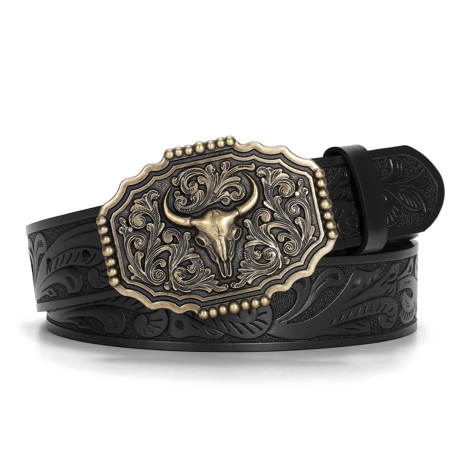 LALATCHWestern Belts for Woman Men, Cowboy Cowgirl Belt Embossed Western Country Bull Buckle Leather Belts for Jeans
