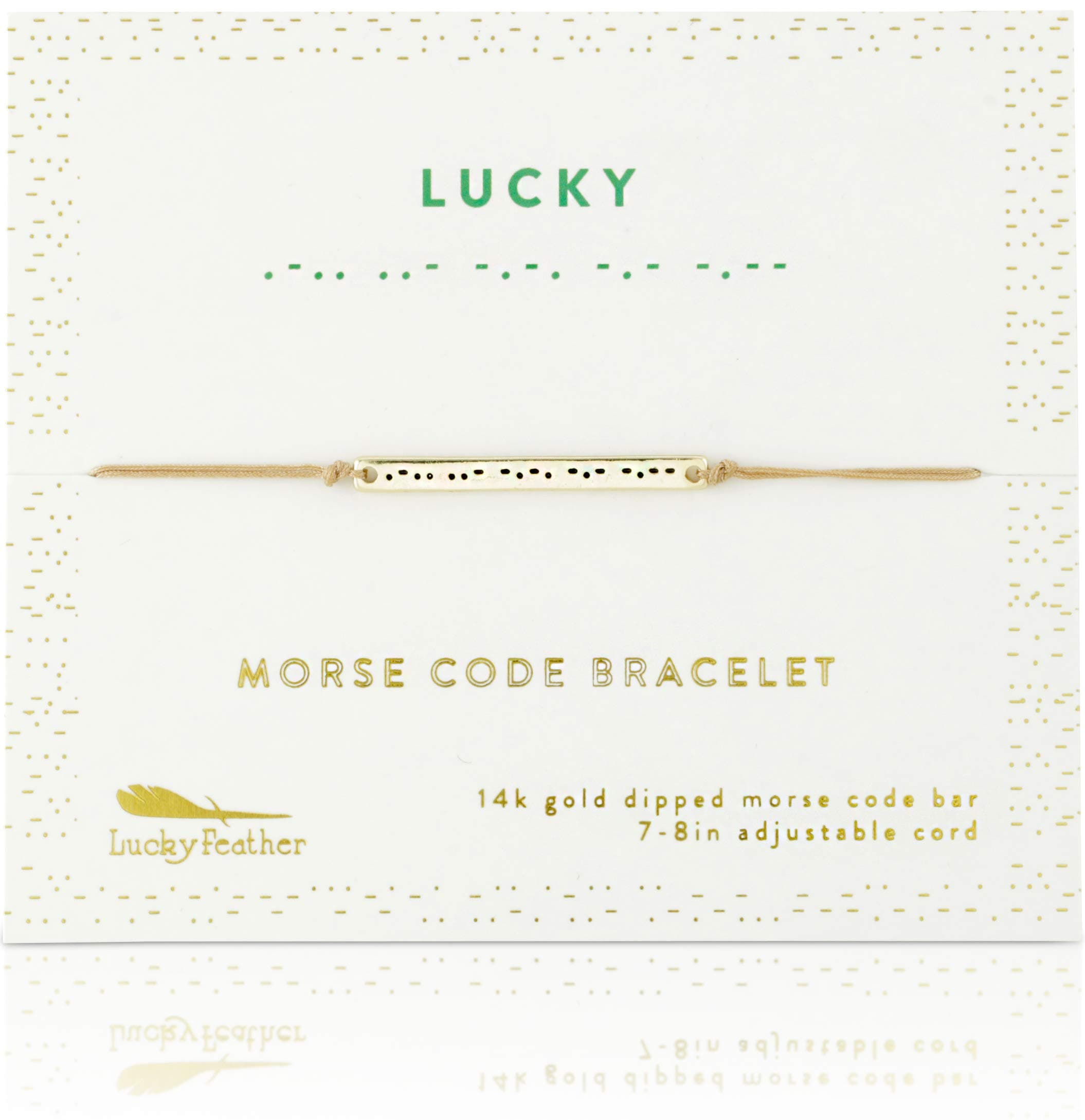 Lucky FeatherMorse Code Bracelets for Women and Teenagers - 14K Gold Dipped Bar with Secret Message Engraved on Adjustable 7" - 8" Cord - Friendship Bracelet Gift for Her