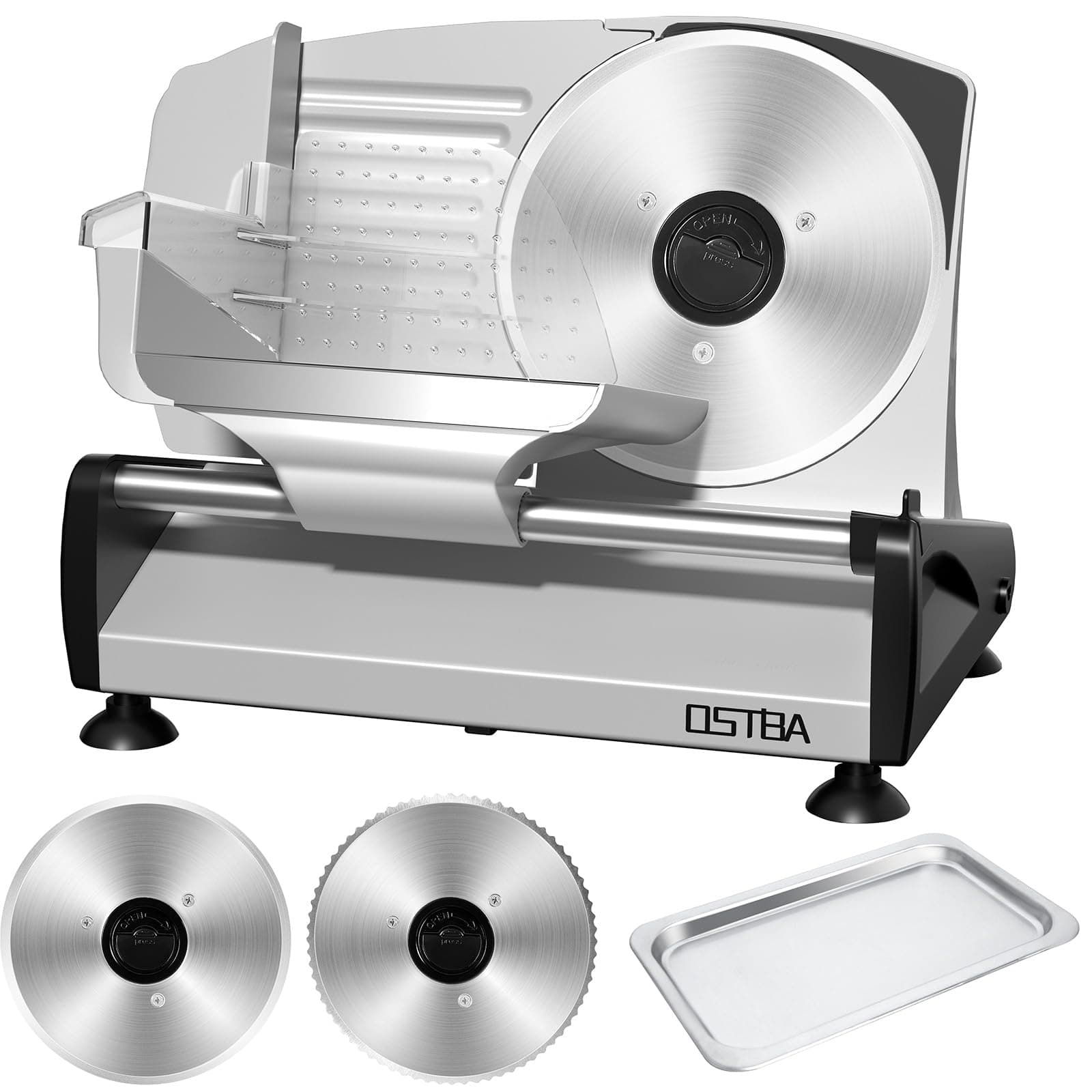 OSTBA Meat Slicer with Quiet DC Motor, 200W Electric Deli Slicer, Dual 7.5'' Stainless Steel Blades, 0-15mm Adjustable Thickness, Easy to Clean, Ideal for Meat, Cheese, Bread, and Vegetables
