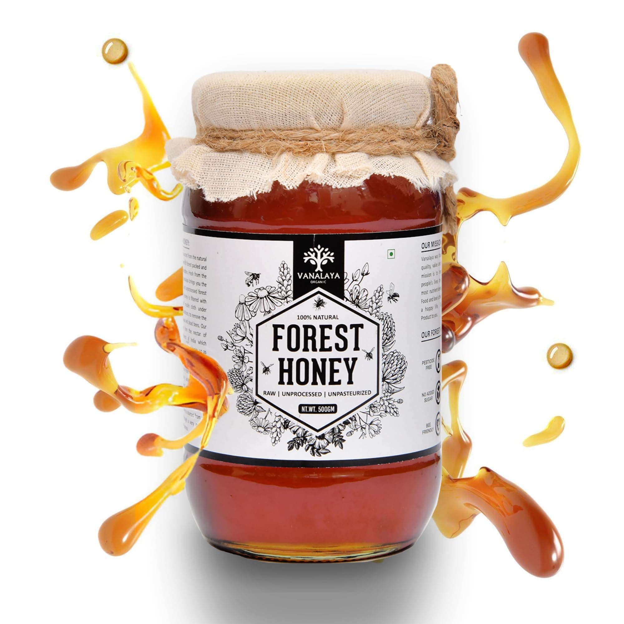 Vanalaya Wild Forest Honey | Raw & Unfiltered | Unprocessed, Unpasteurized Natural Honey Collected from Wild Forests | 500g Glass Jar