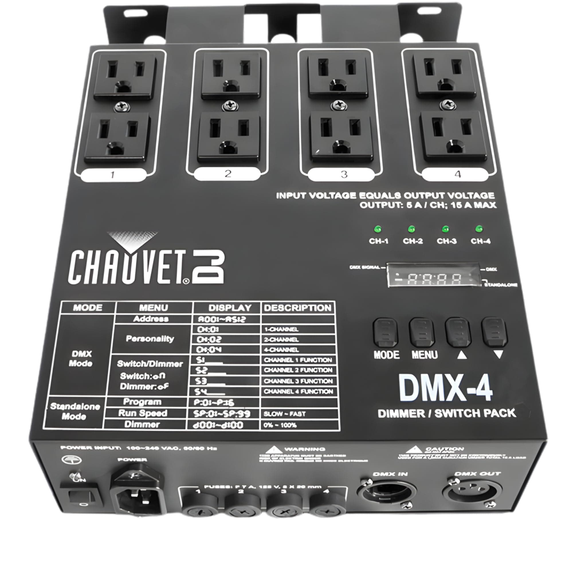 DMX-4 Dimmer Relay Pack | Four-Channel DMX-512 Controller for Non-DMX Fixtures | Variable Electronic Dimming, Independent Addressing, Built-In Chase Patterns | LED Lighting Control
