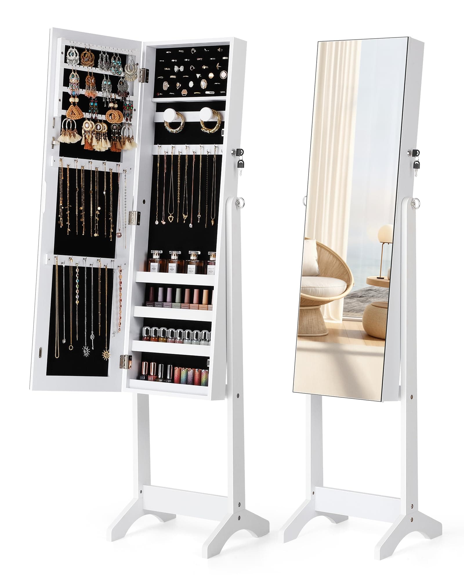 Nicetree Jewelry Cabinet Armoire, Freestanding Jewelry Armoire Organizer with Full-Length Mirror, Lockable Jewelry Storage Cabinet, Frameless Mirror, 3 Adjustable Angles, Moon White