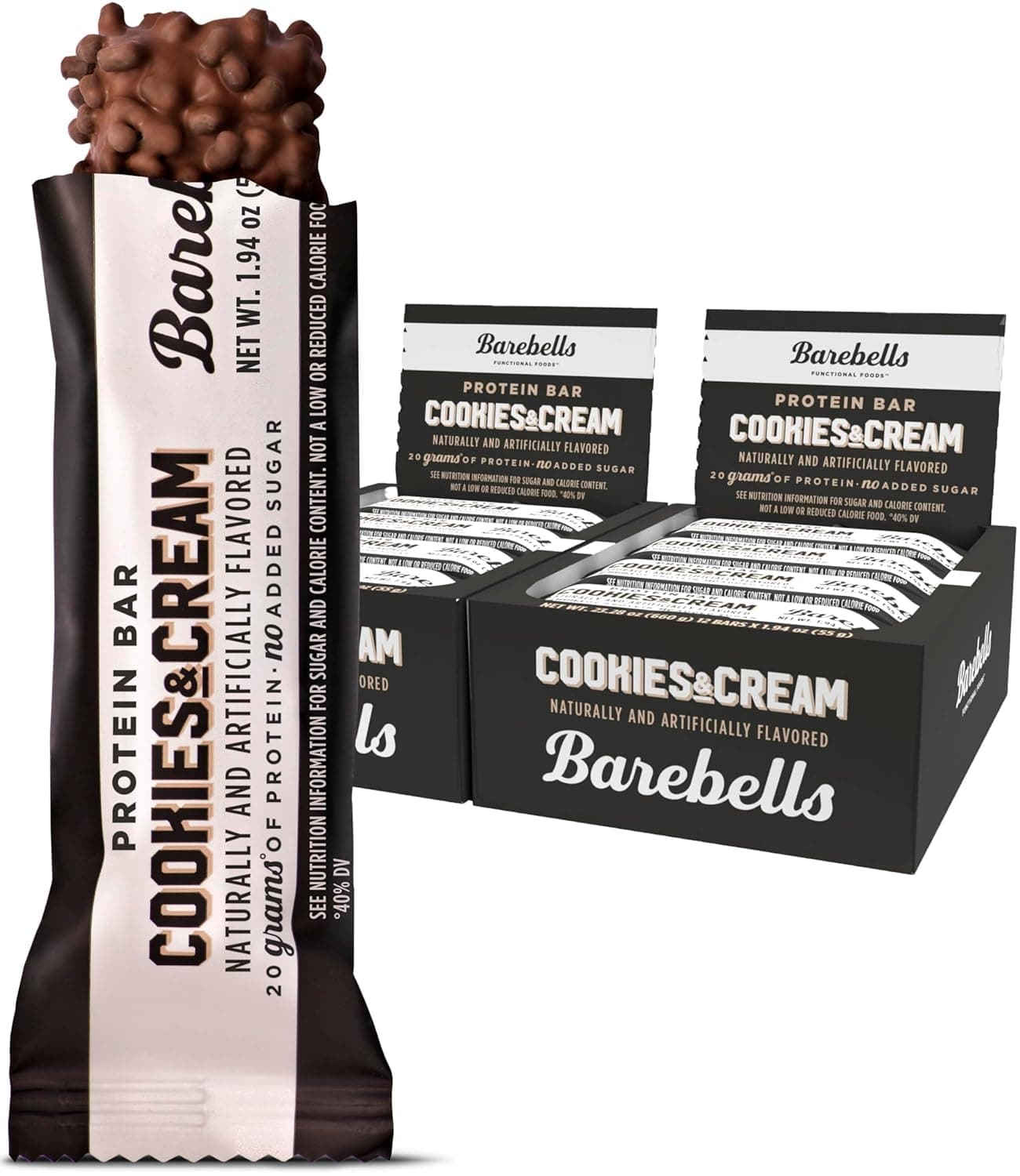 Barebells Protein Bars Cookies & Cream - 24 Bars (2 Packs of 12) - Protein Snacks with 20g of High Protein - Chocolate Nutritional Bar with 1g of Total Sugars - On The Go Snack & Breakfast Treat