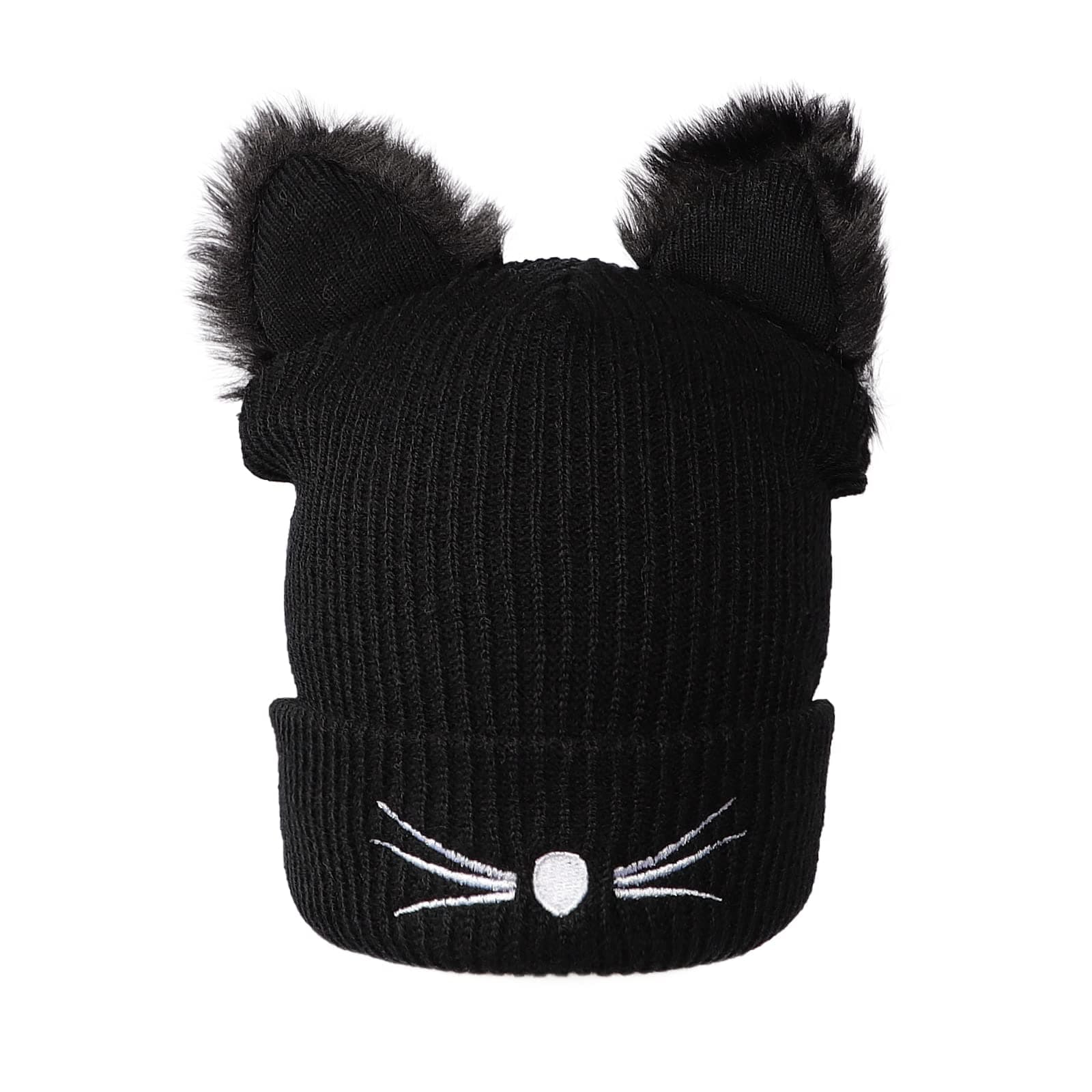 TINAYAUEFaux Rabbit Fur Hat with Stretch Knitted Hat Knit Pompom Beanie Hat Cycling Ski Cap Slouchy Winter Warm Cap for Women Black