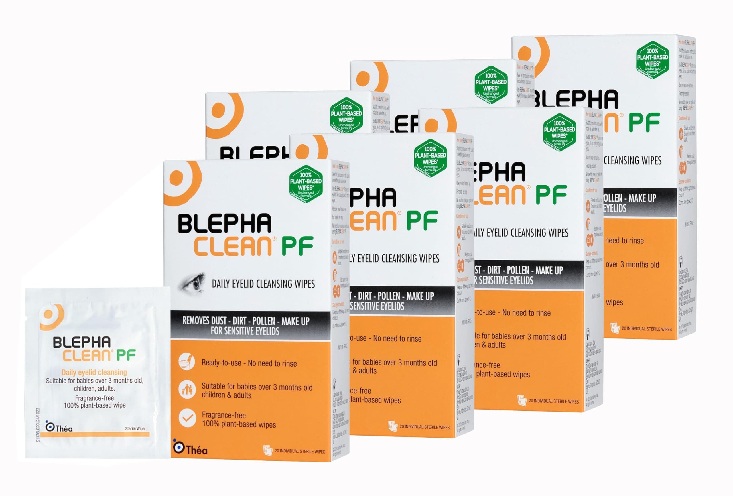 Blephaclean PF Daily Eyelid Wipes x 120 - Gentle Cleansing for The eyelids and Skin Around The Eyes | Suitable for Babies (Over 3 Months Old), Children & Adults |Sterile Plastic-Free Wipes x 6 Packs