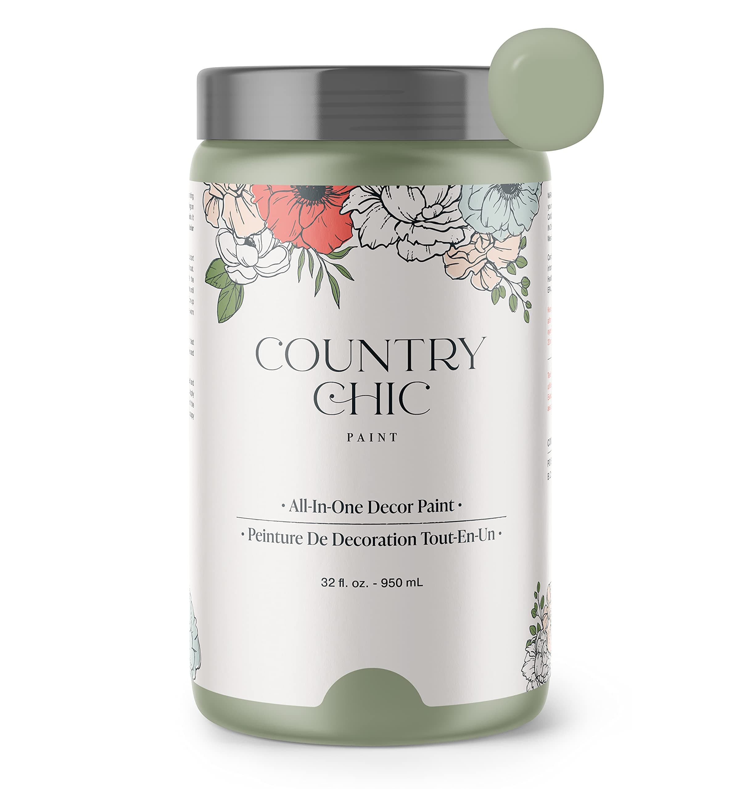 Country Chic All-in-One Chalk Paint for Furniture, Cabinets, Home Decor, Eco-Friendly, Matte Finish, Built-In Primer & Top Coat for Wood, Metal - Sage Advice (sage Green) - Quart 32 oz (950 ml)