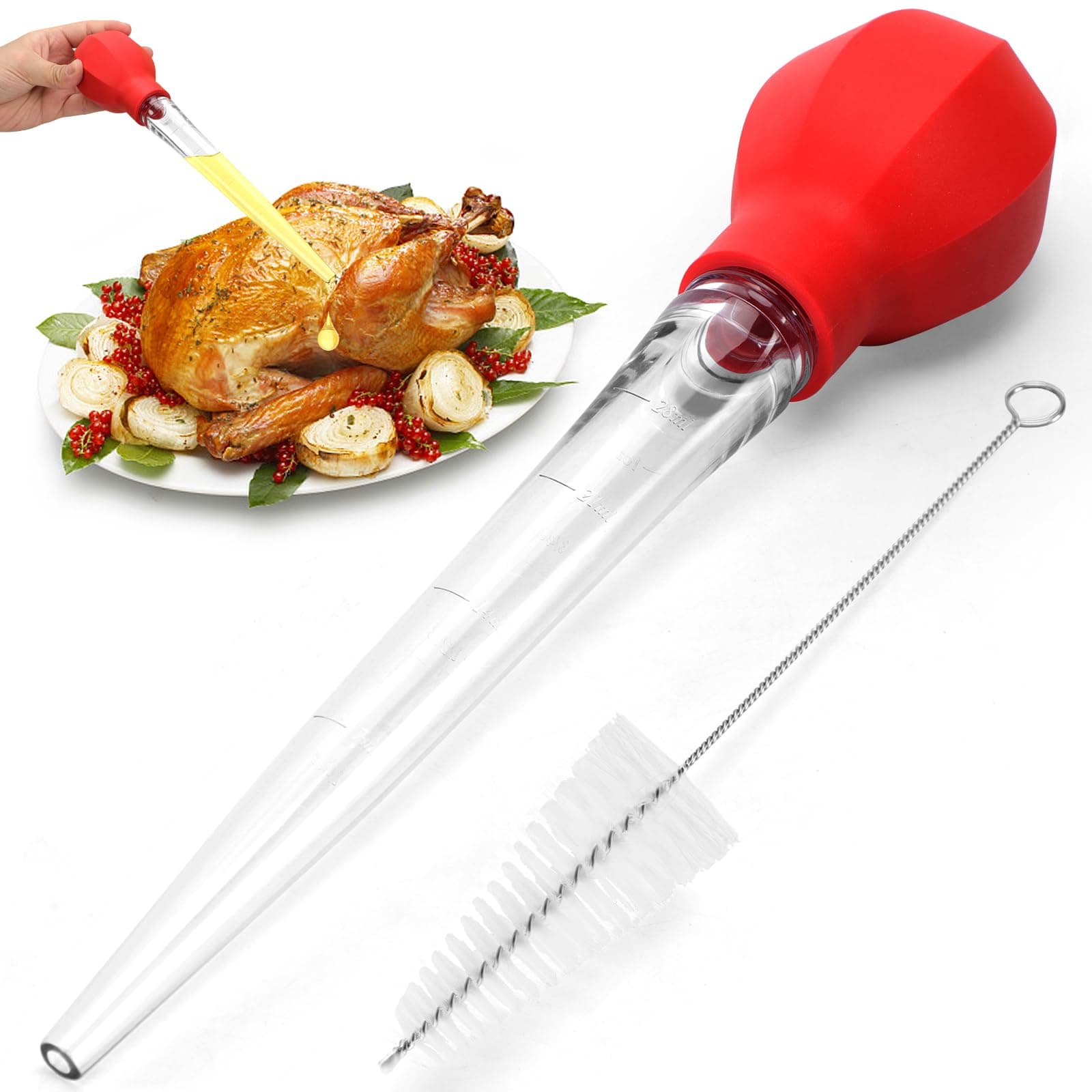 SCHVUBENR Large Turkey Baster with Cleaning Brush - Premium Baster Tool for Cooking - Easy to Use and Clean - Powerful Bulb Baster Syringe - Dishwasher Safe - Flavor Meat Poultry, Beef, Chicken(Red)