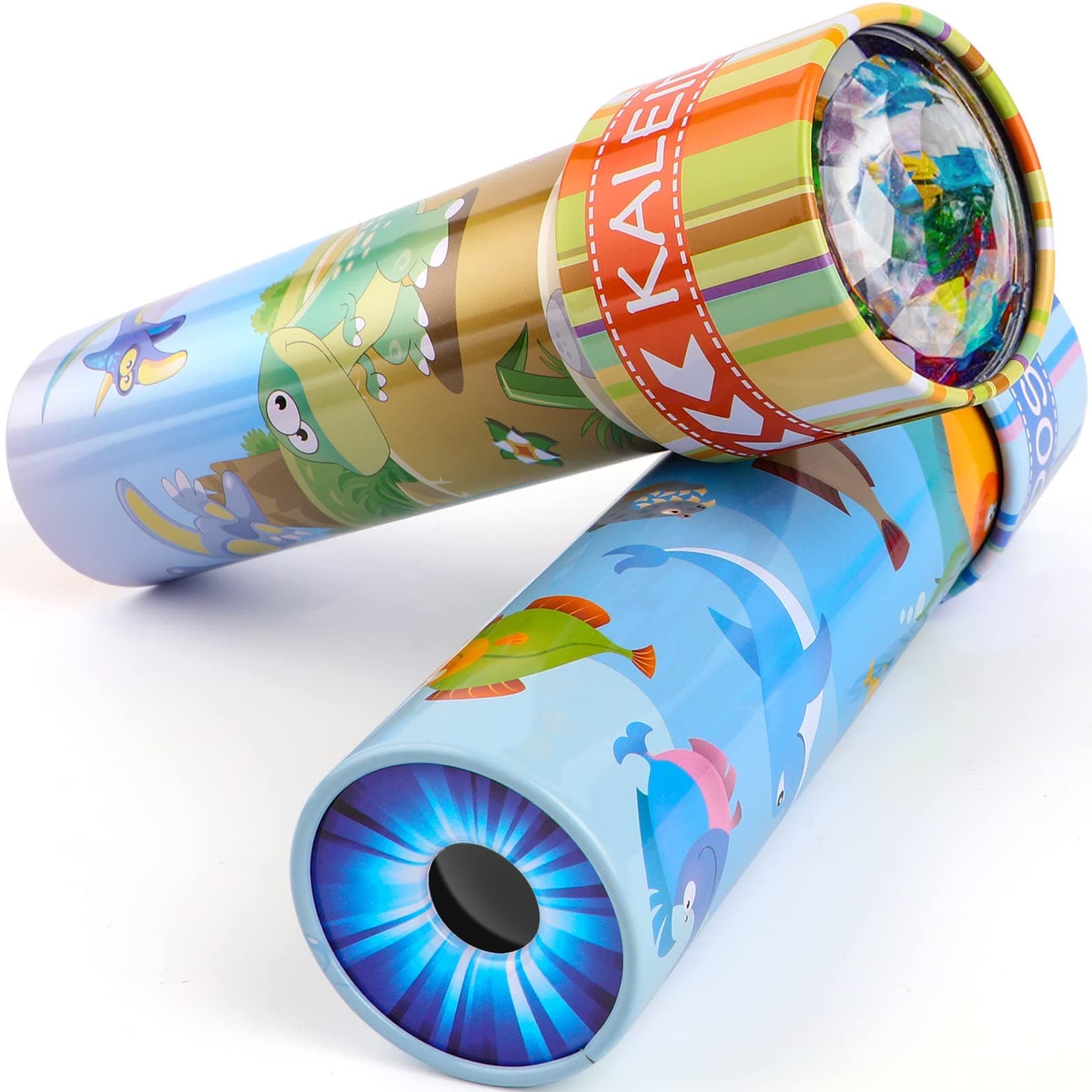 Classic Pewter Kaleidoscope, Pack of 2 Kaleidoscope Children's Educational Toys with Metal Casing, Birthday Gift for Boys and Girls (Water World + Dino World)