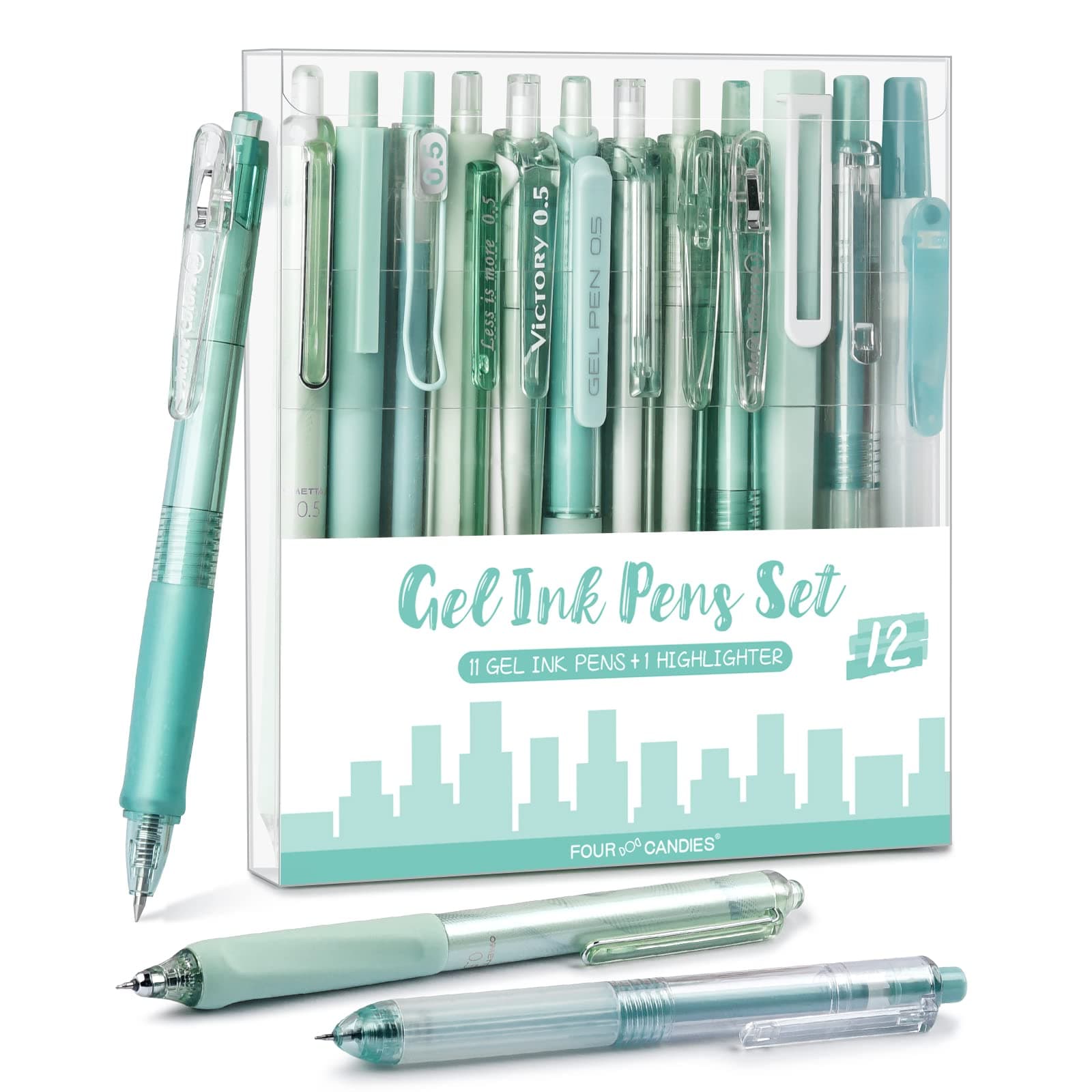 Forest Series Gel Pens, Black & Green Ink Fine Point Smooth Writing Pens and Highlighter Set, Teal Office Supplies Back to School Stationery, Set of 12