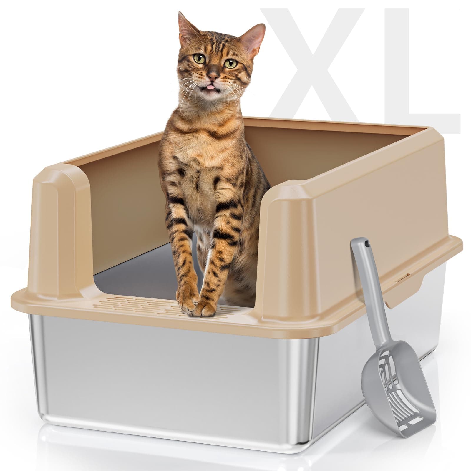 Enclosed Stainless Steel Cat Litter Box with High Side, X-Large Litter Box for Big Cats, Easy Clean Metal Kitty Litterbox, Non-Stick, Anti-Leakage, Include Litter Scoop