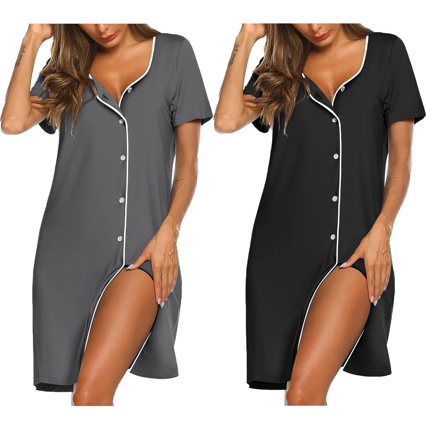 Nightgowns for Women 2 Pack Button Down Sleepshirt Short Sleeve Nightshirt Soft Sleepwear V Neck Pajama Dress